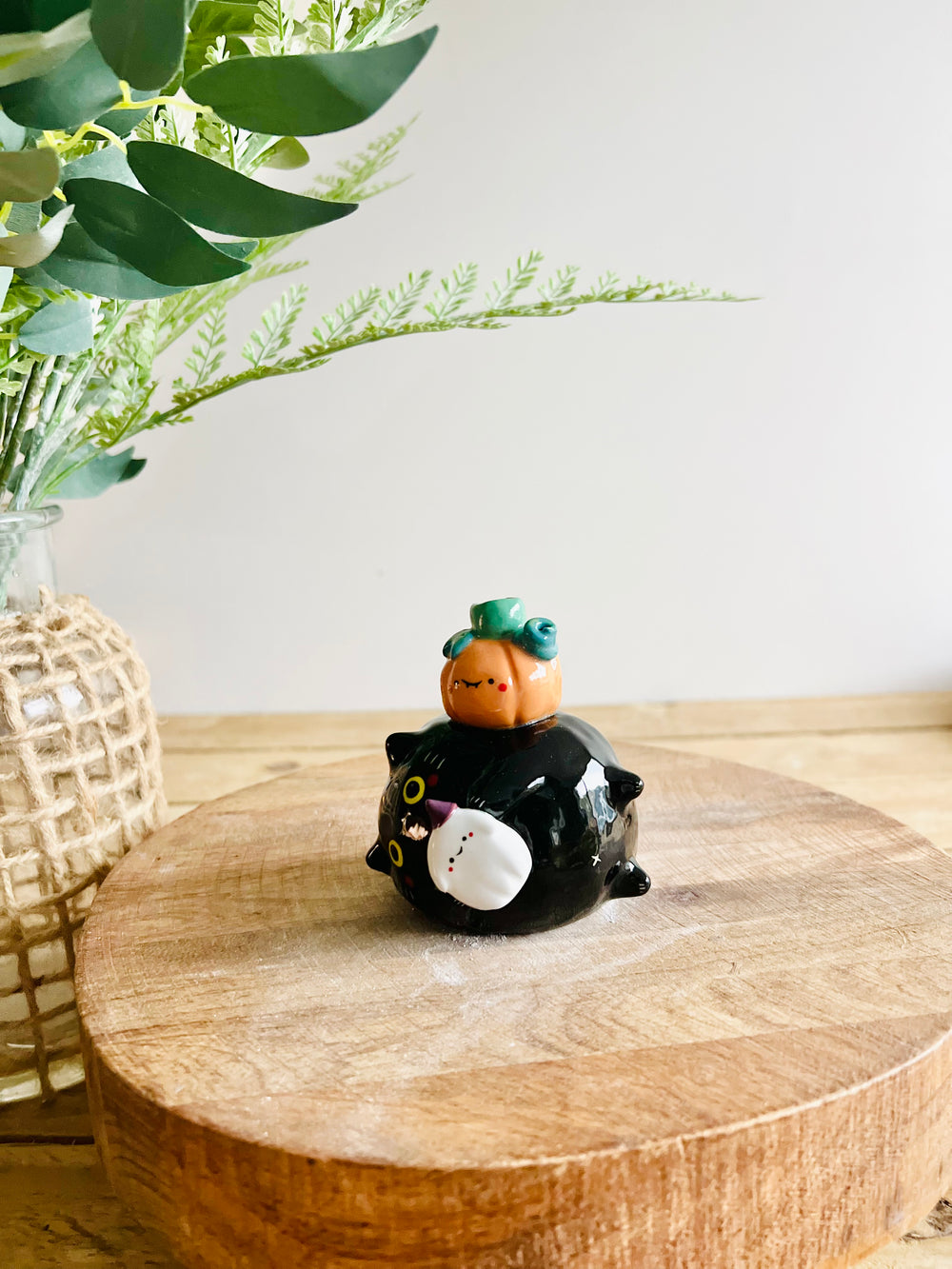 Sideways black cat with ghost and pumpkin friend bud vase, photo 7 of 9