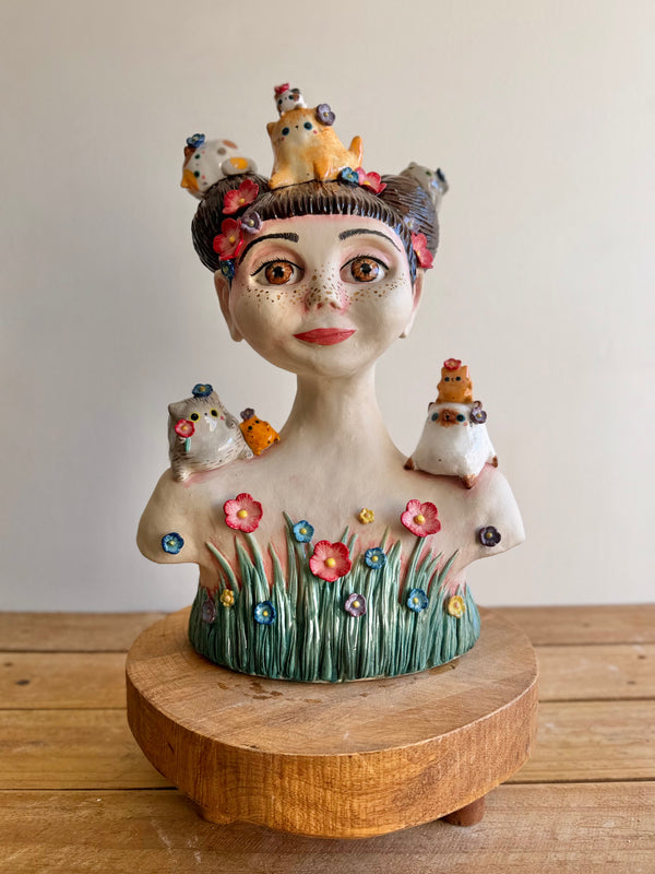 Garden girl with her Chubby Cats