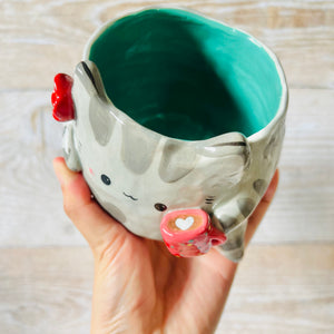 Grey Cat Pot with Pink mug friend (no drainage hole)