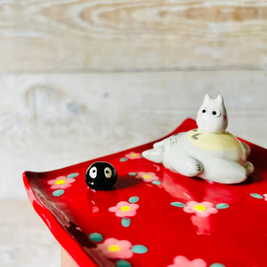 Red Flowery square sleepy Totoro trinket dish