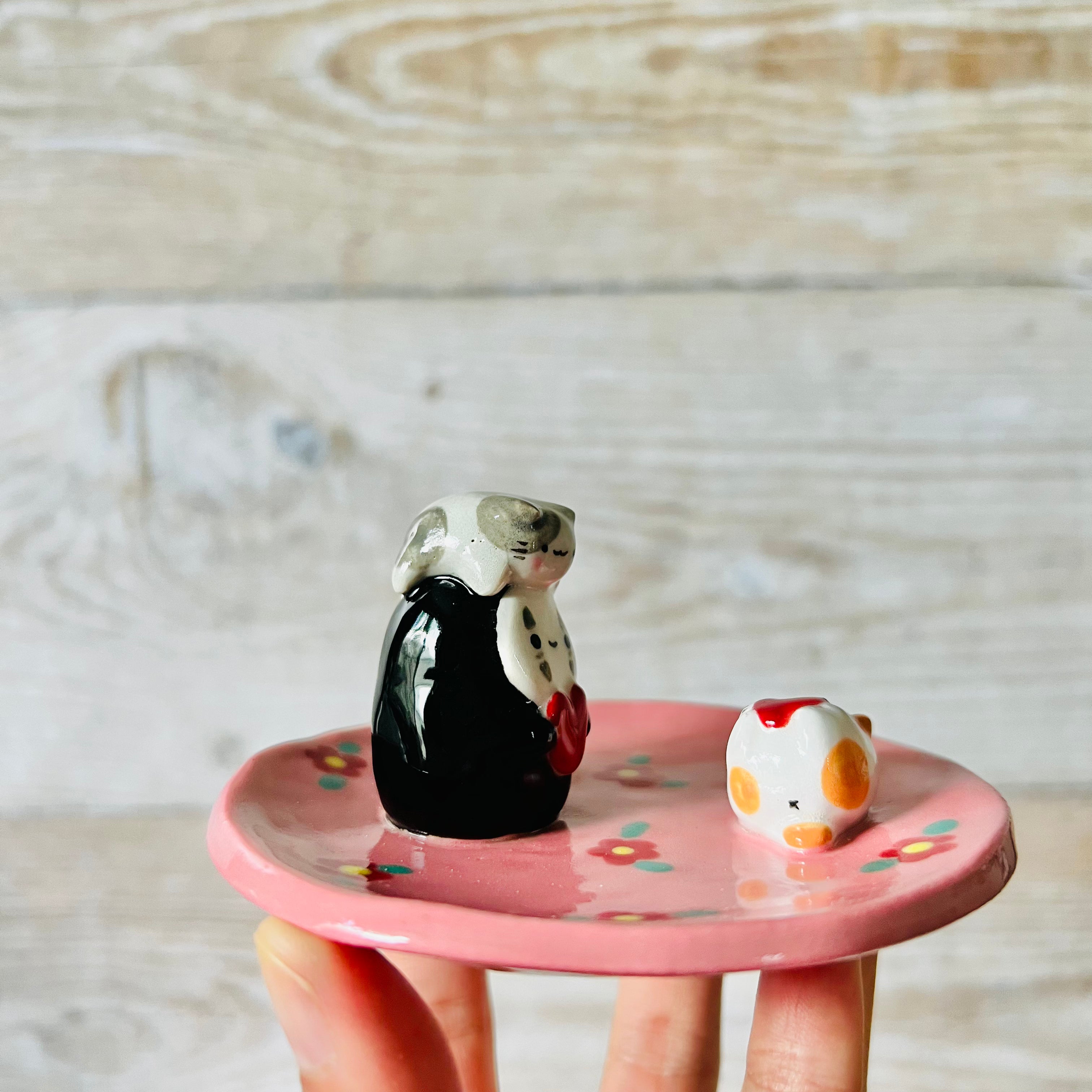 Pink flowery No Face with cat friends trinket dish