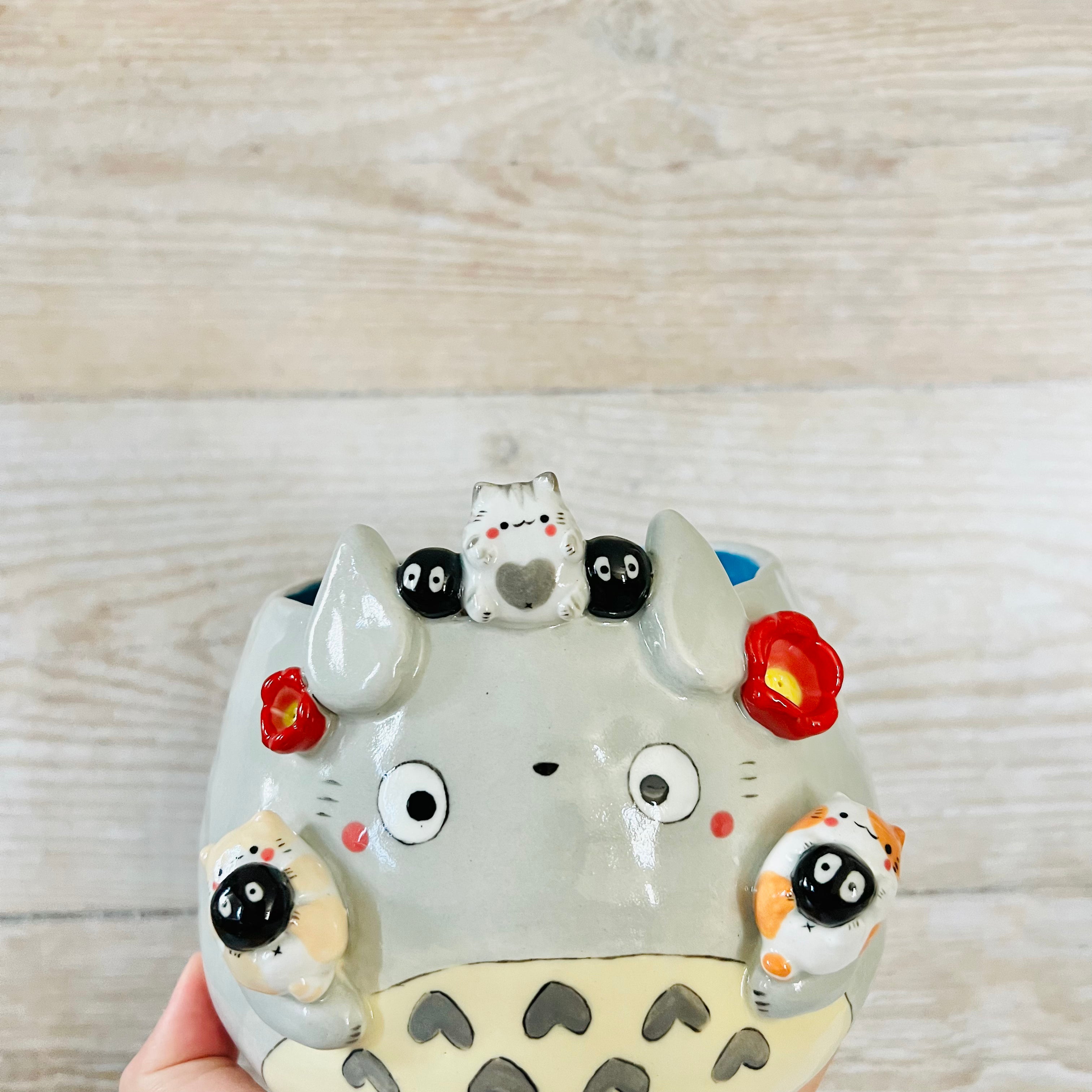 Totoro pot with Cat and soot sprite friends