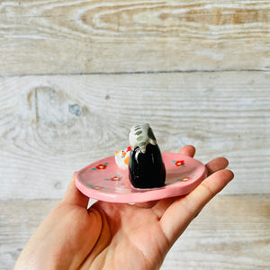 Pink flowery No Face with cat friends trinket dish