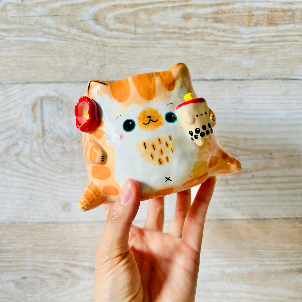 Ginger Cat Pot with Bubble Tea friend (no drainage hole), photo 1 of 6