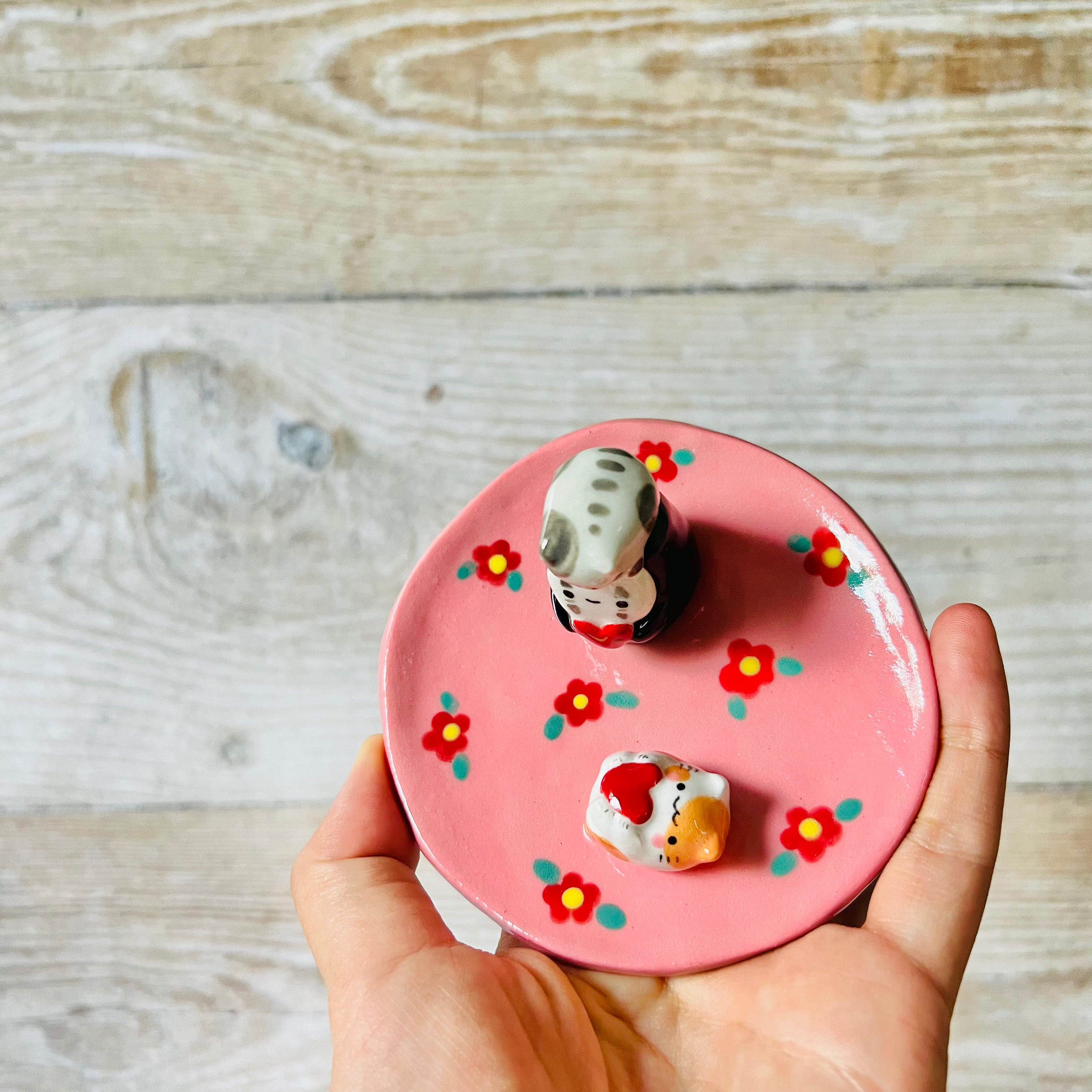 Pink flowery No Face with cat friends trinket dish