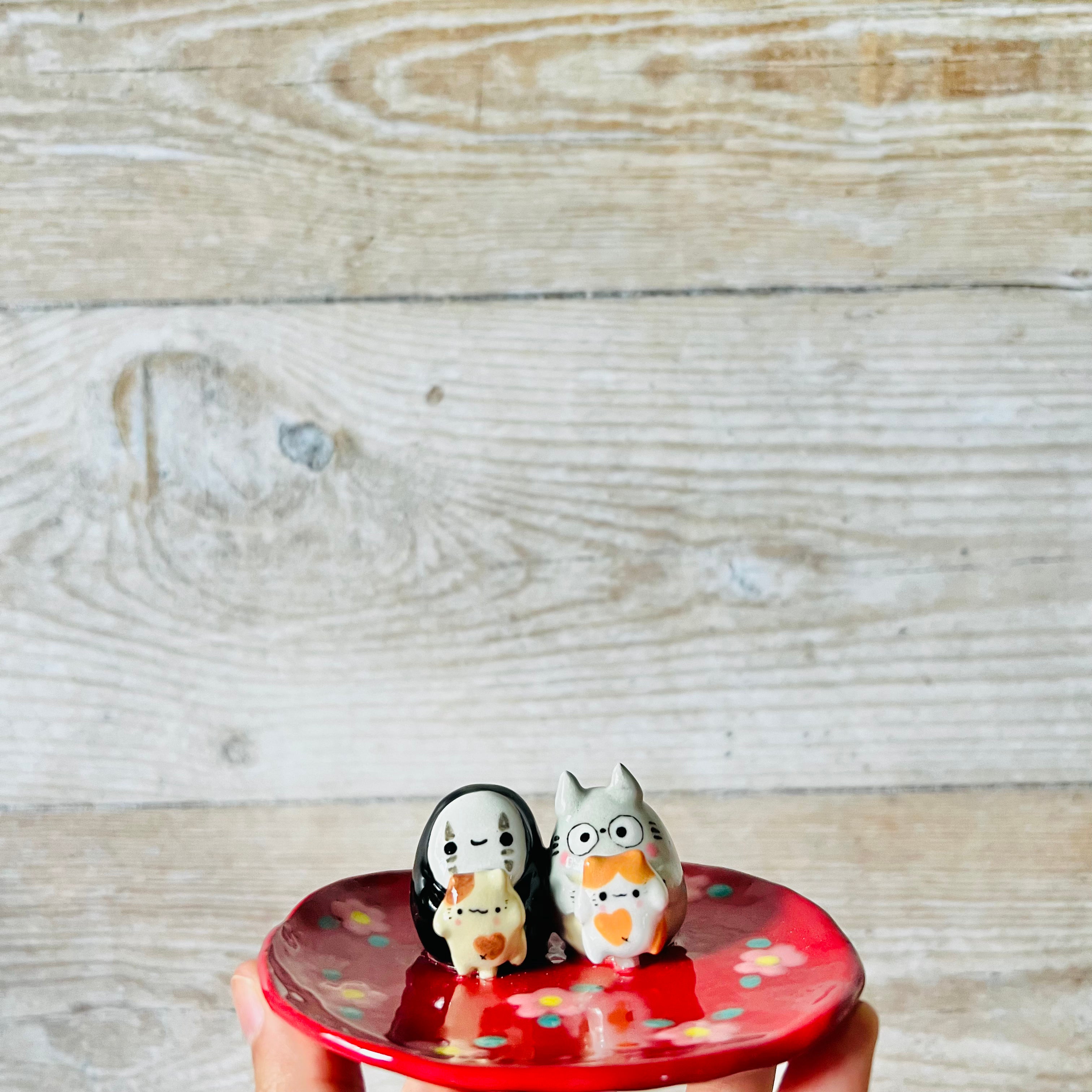 RED Flowery Totoro and No face with cat friends trinket dish