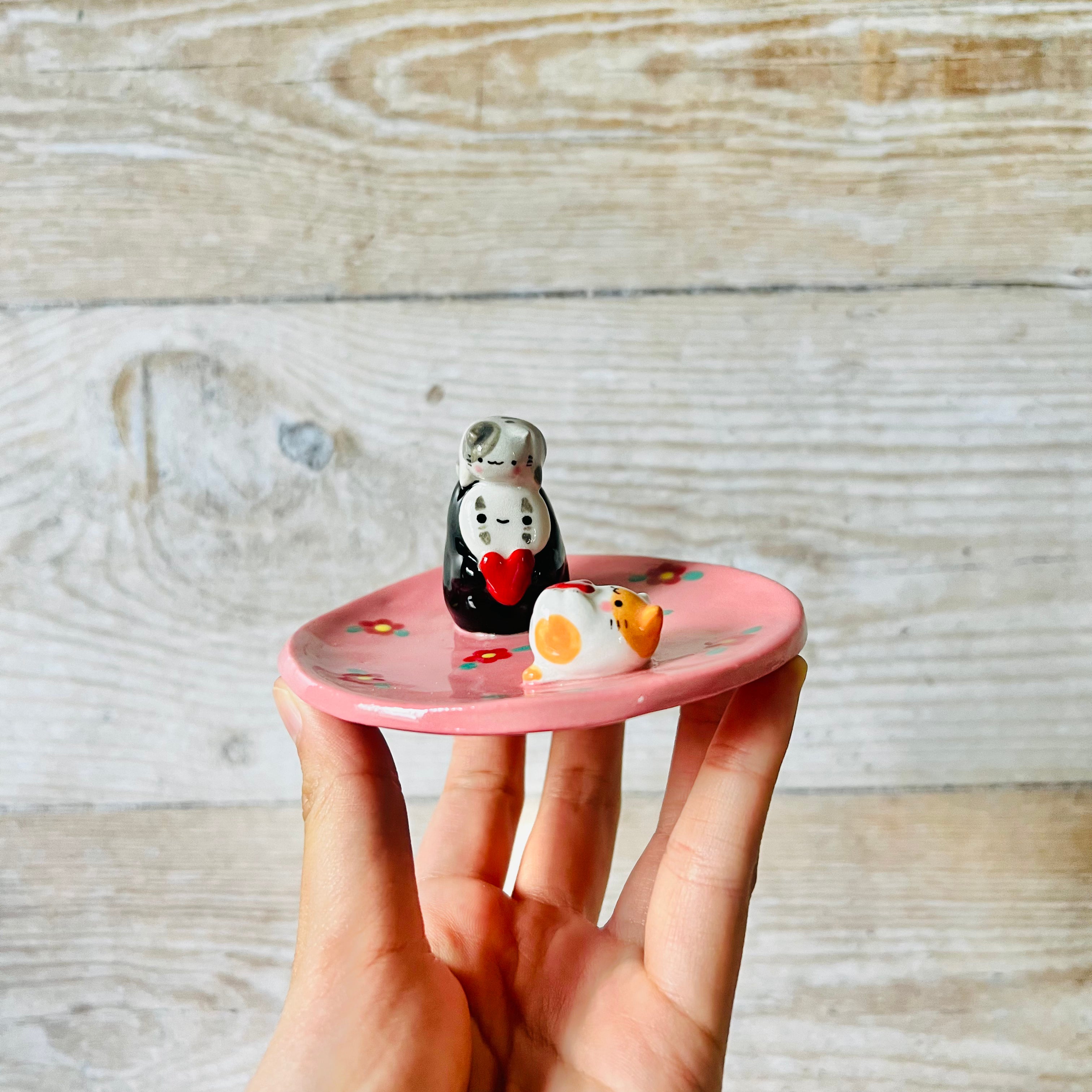 Pink flowery No Face with cat friends trinket dish