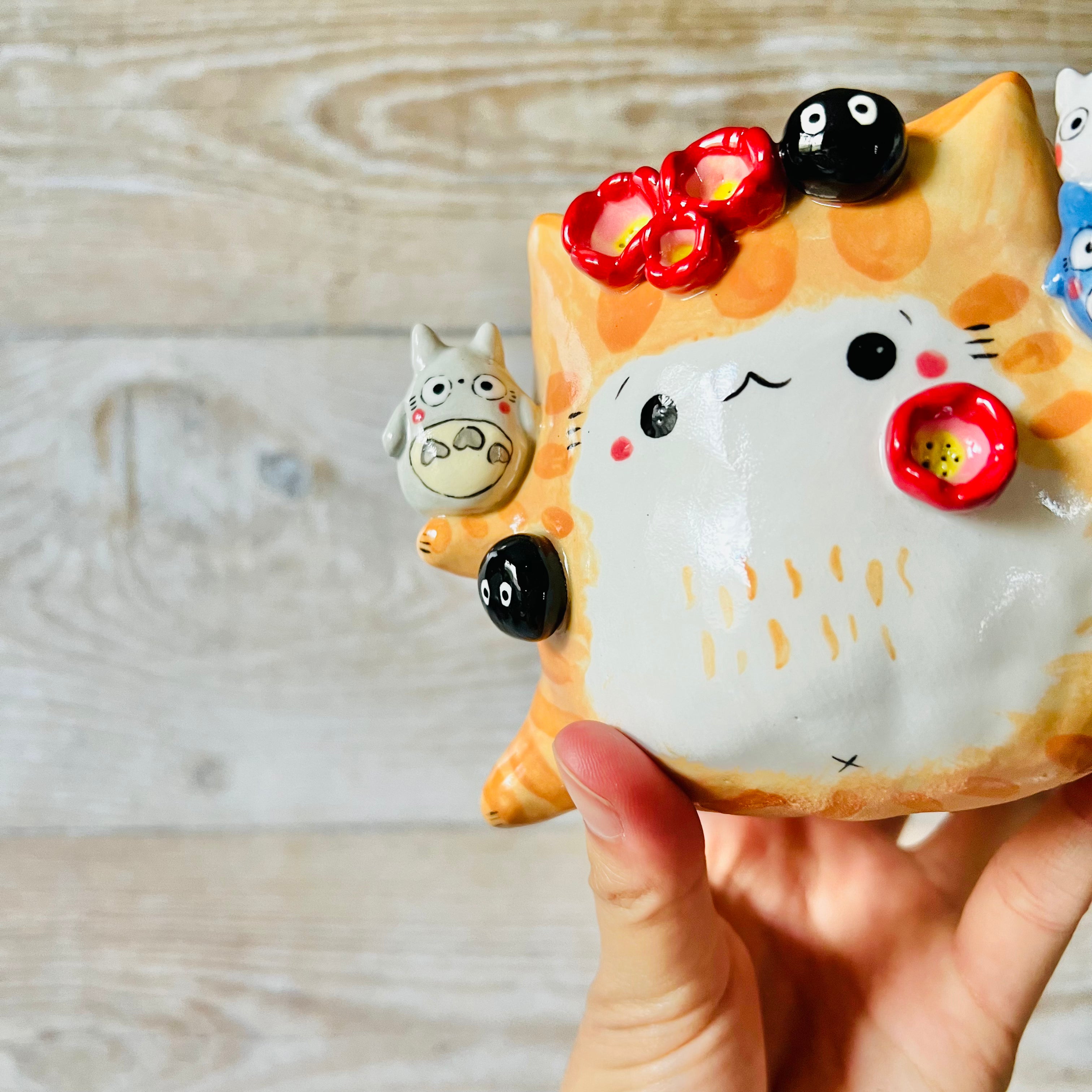 GINGER CAT POT with Totoro friends