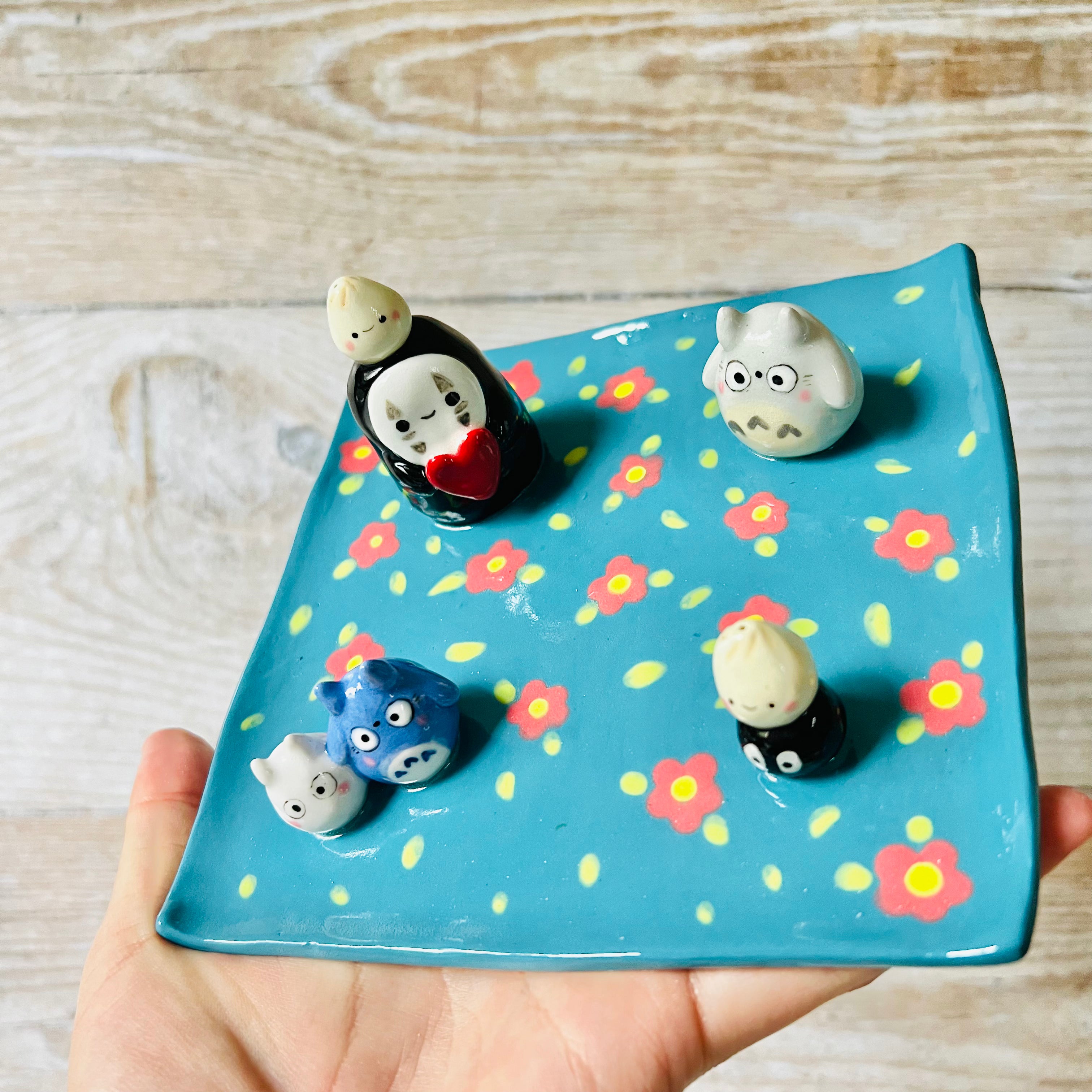 Green flowery square No Face and Totoro trinket dish