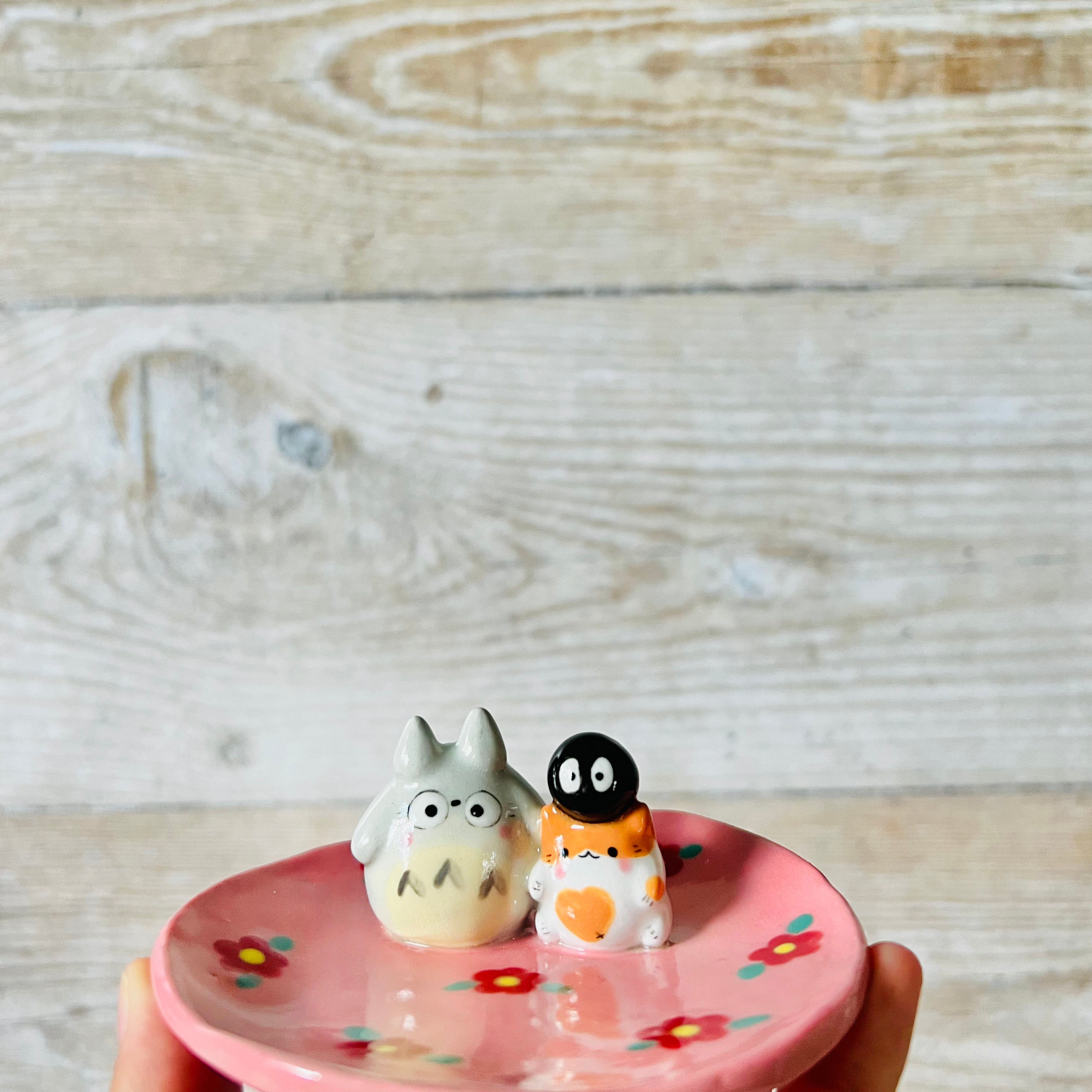 Pink flowery Totoro and cat trinket dish