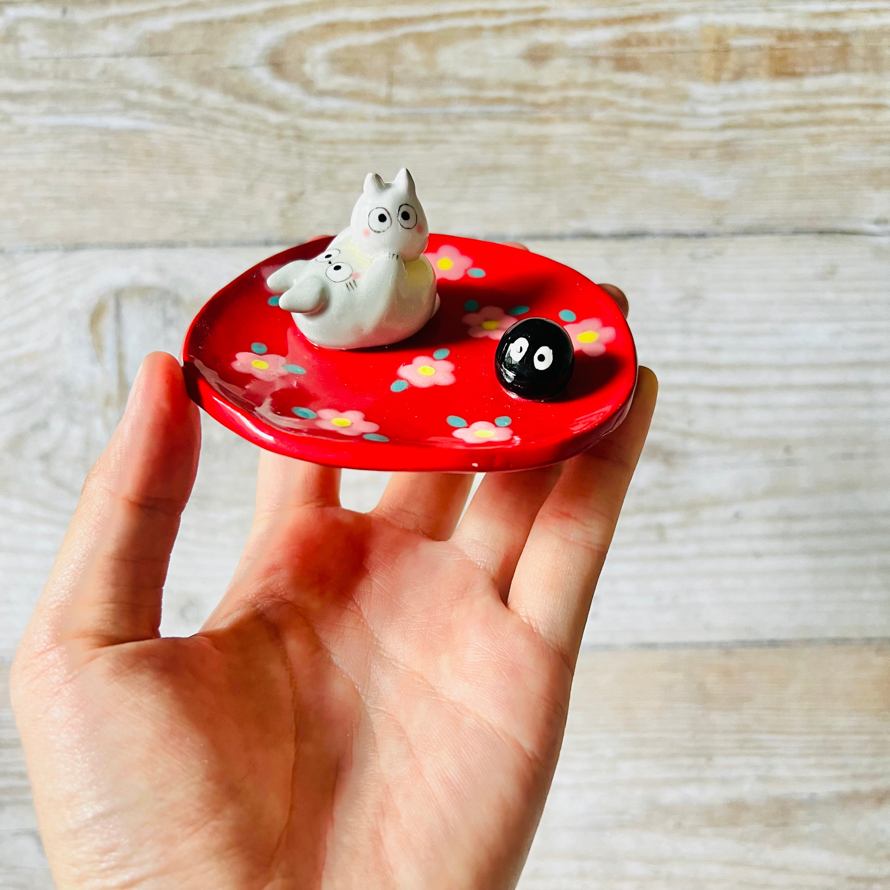 Red flowery Totoro trinket dish