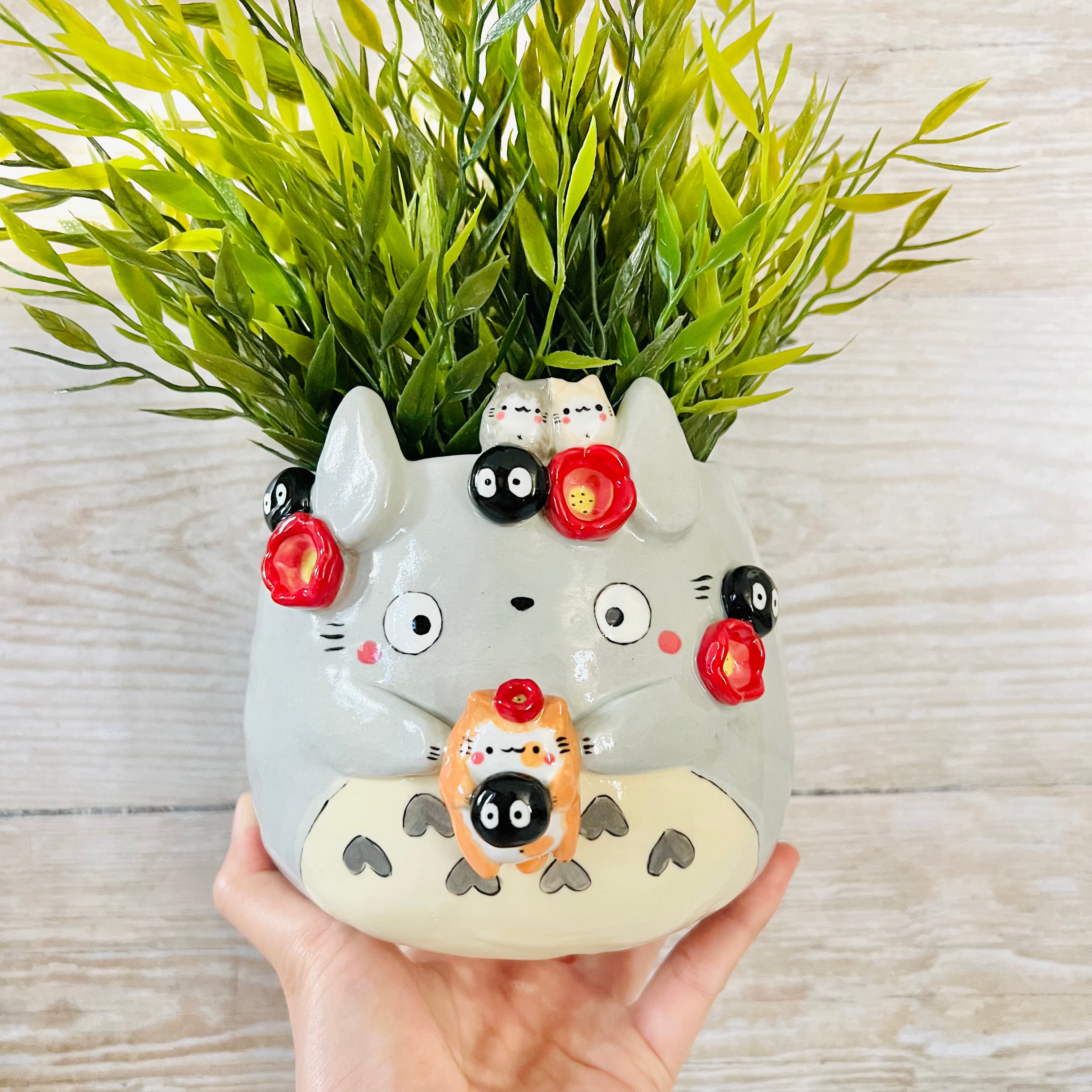 Totoro Pot with cat and soot sprite friends