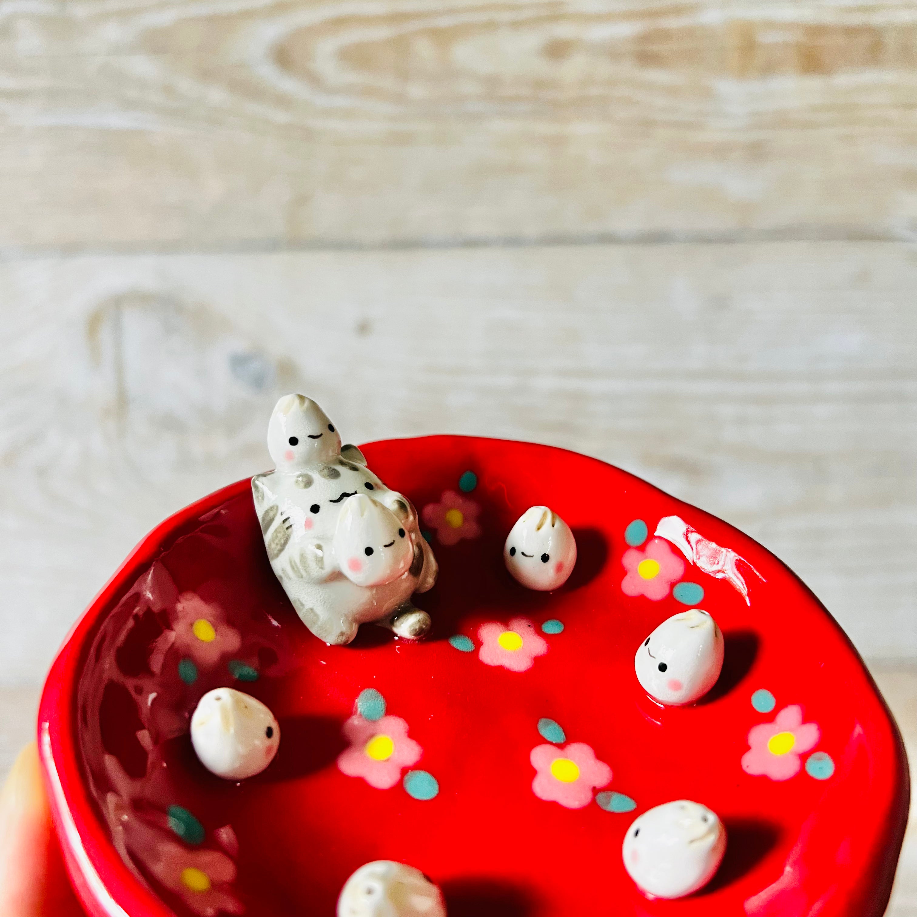 Red Flowery cat with dumplings trinket dish