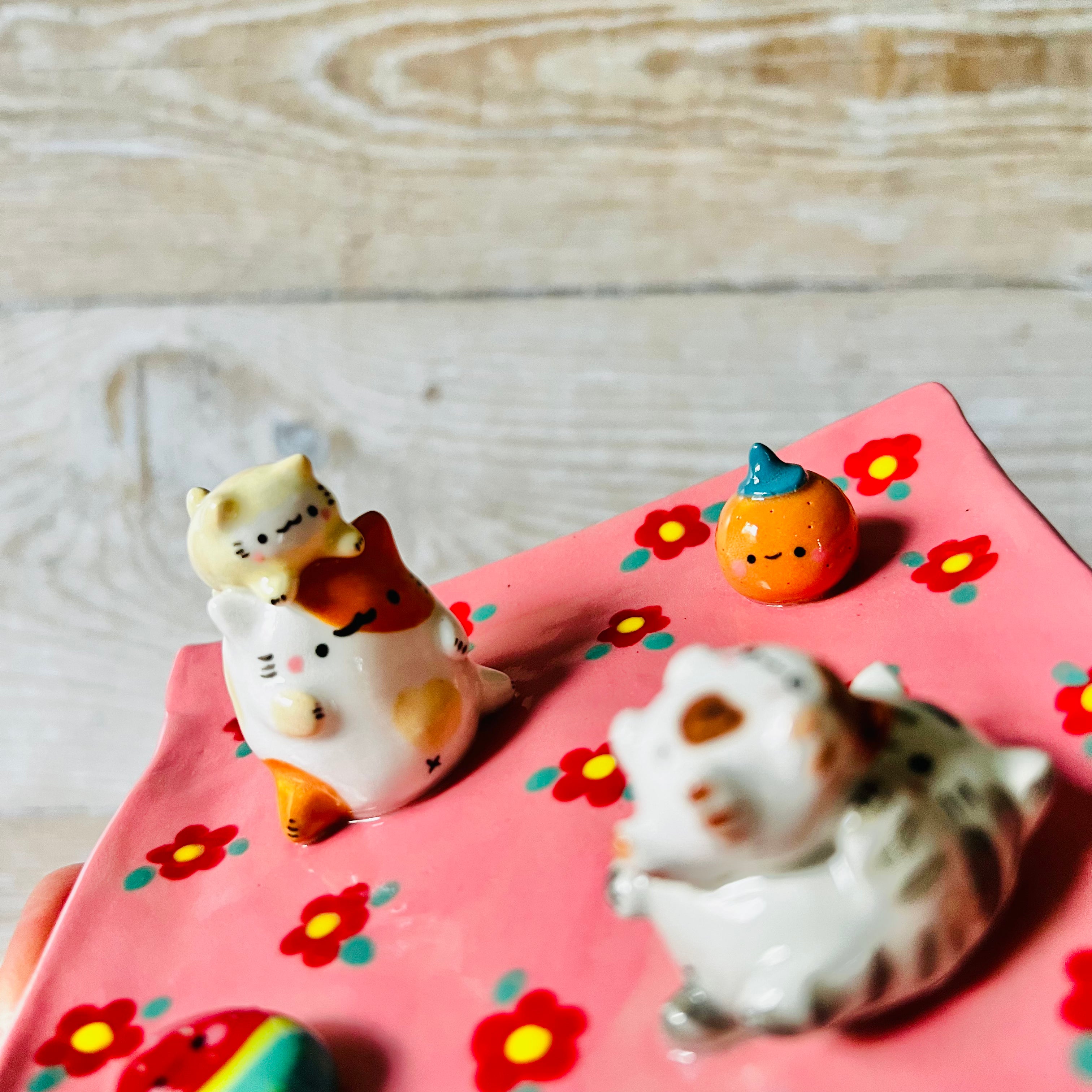 Pink square flowery cats and fruit trinket dish