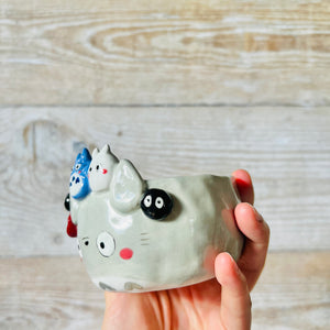 Flowery TOTORO bowl with Chibi Totoro and soot srite friends