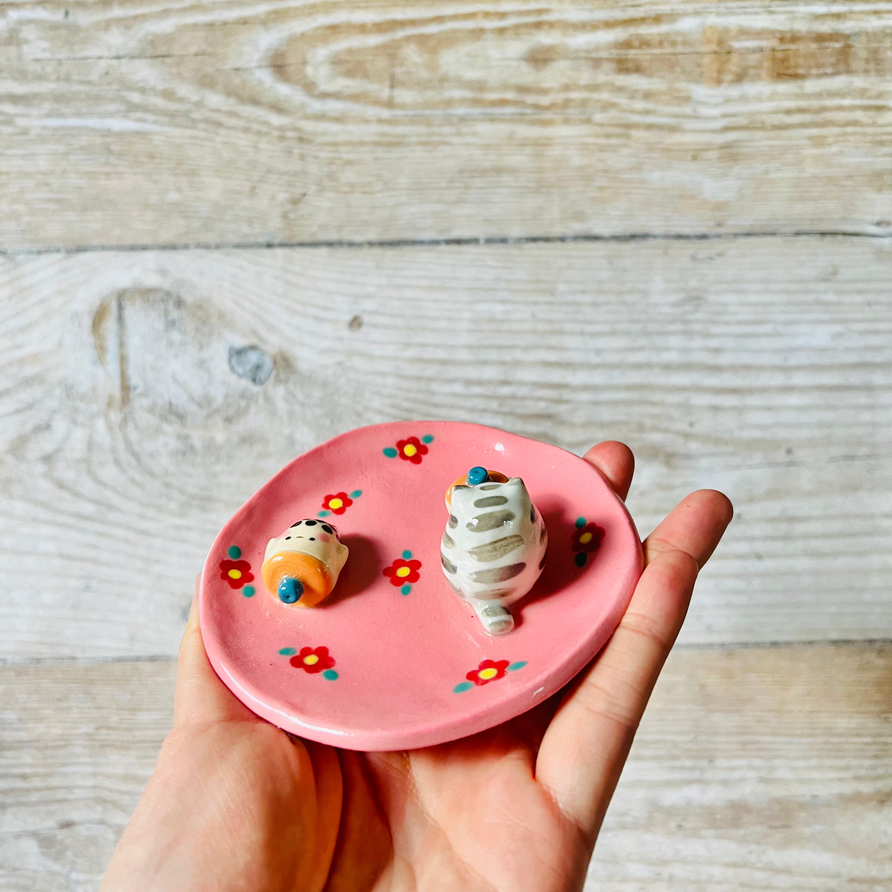 PINK flowery cat with BBT trinket dish