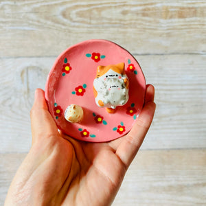 PINK flowery cat trinket dish