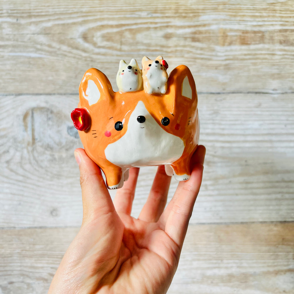 Leggy Flowery CORGI BOWL with Corgi babies, photo 1 of 9