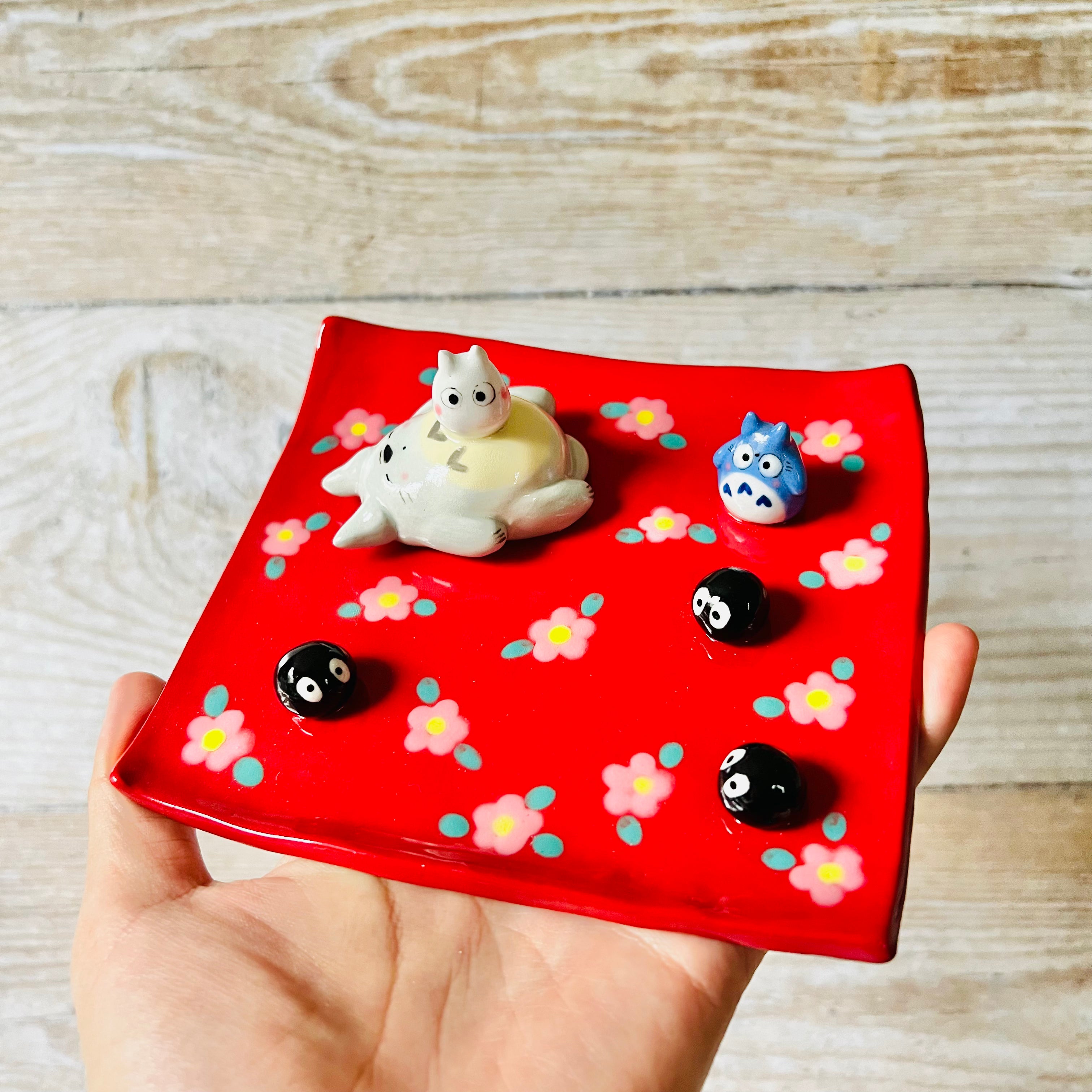 Red Flowery square sleepy Totoro trinket dish