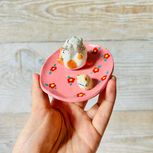 PINK flowery cat trinket dish