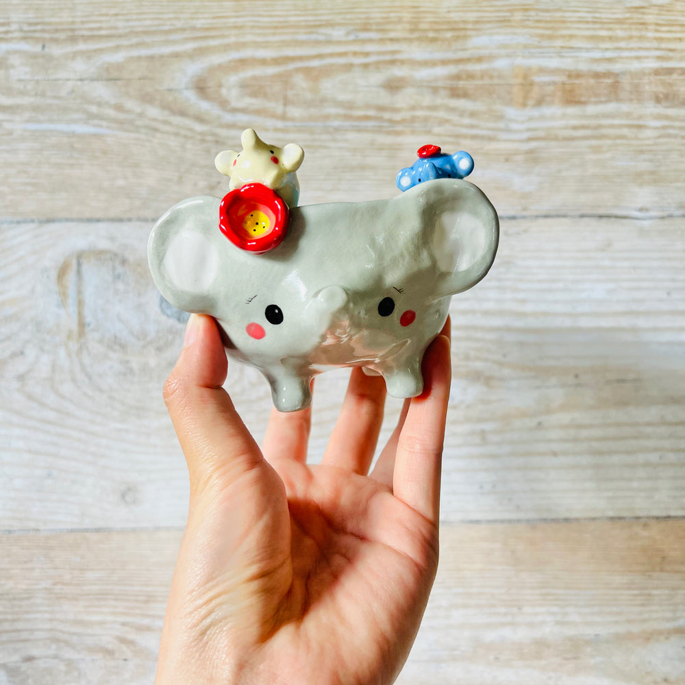 Leggy Flowery ELEPHANT bowl with elephant babies, photo 1 of 8