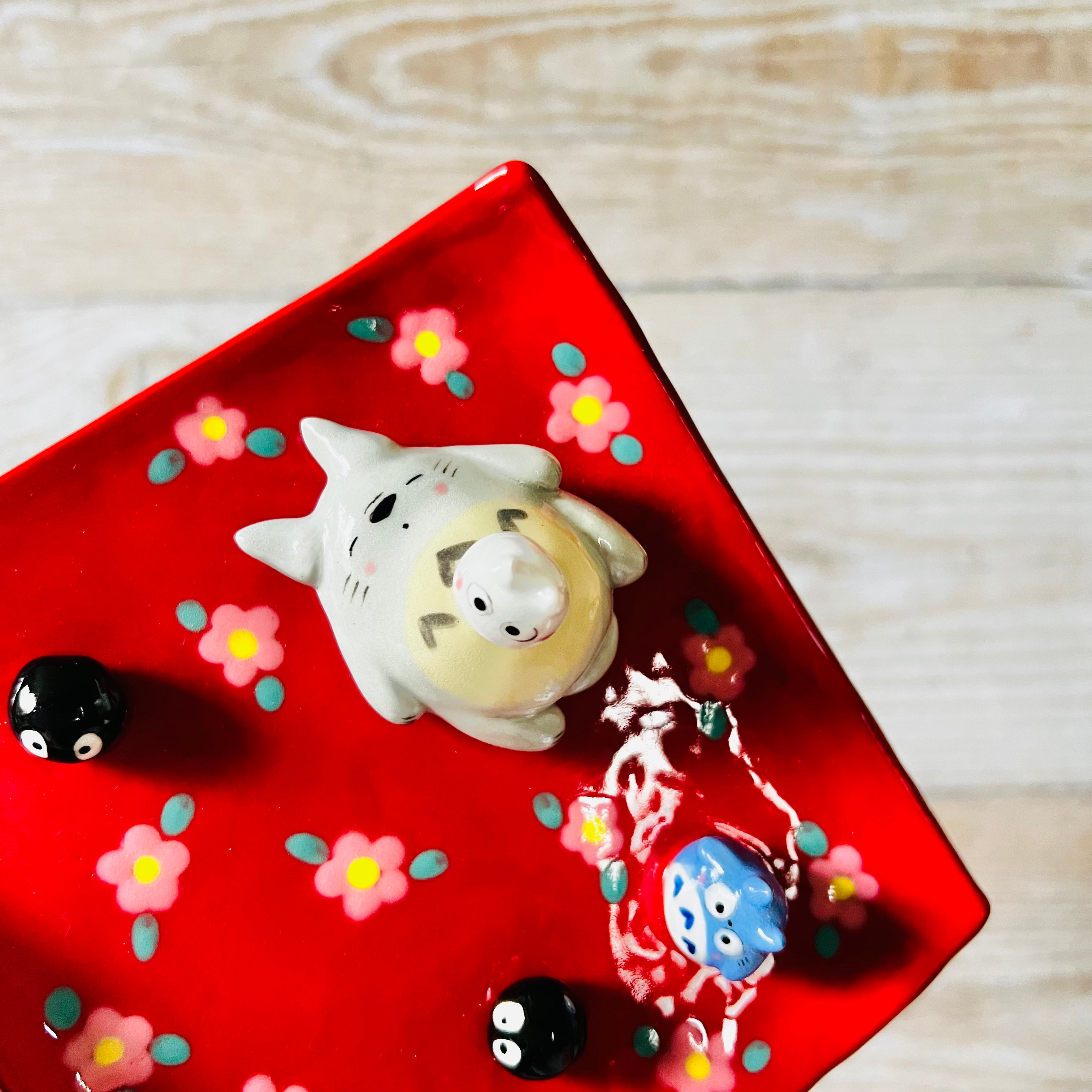 Red Flowery square sleepy Totoro trinket dish