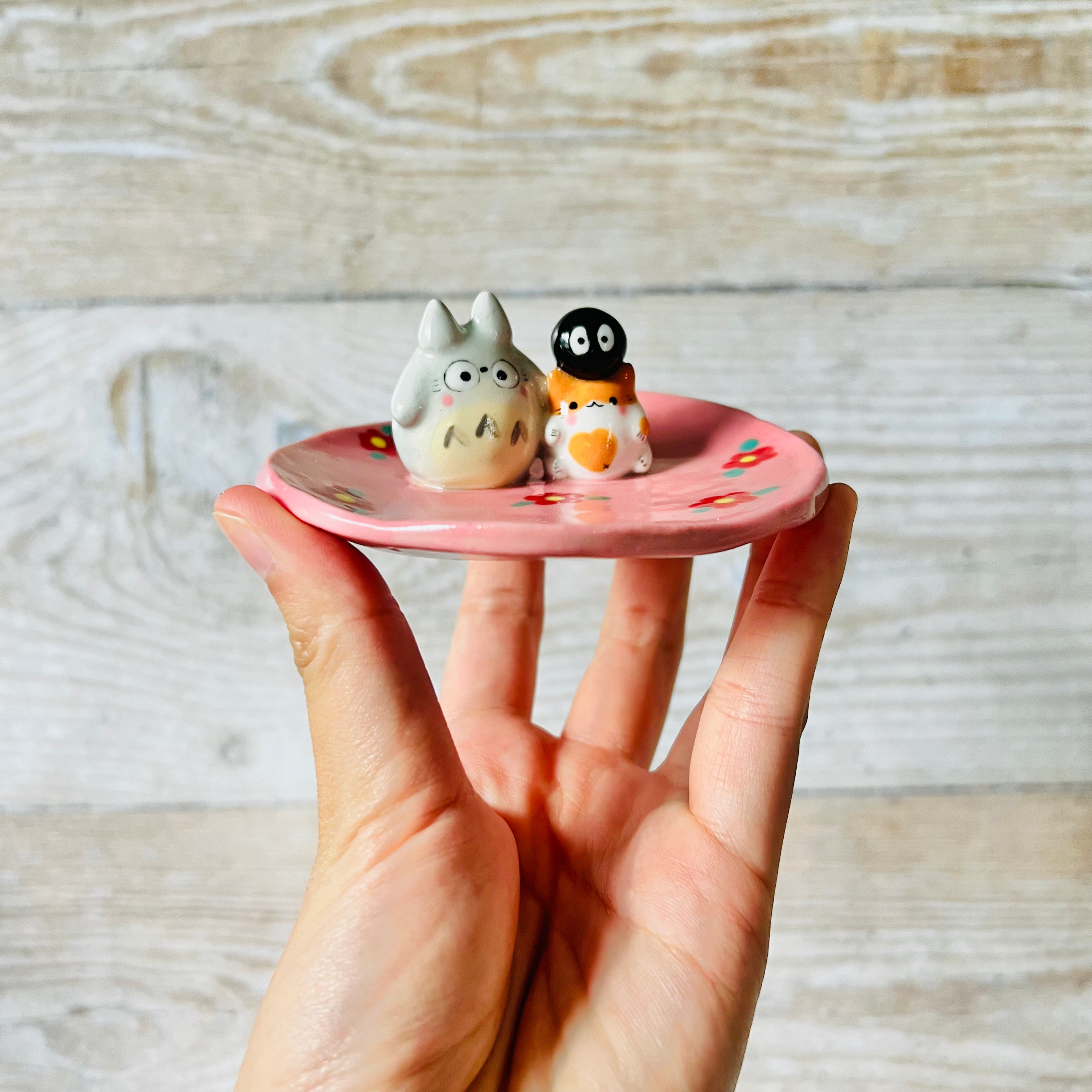 Pink flowery Totoro and cat trinket dish