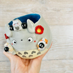 Totoro pot with Cat and soot sprite friends