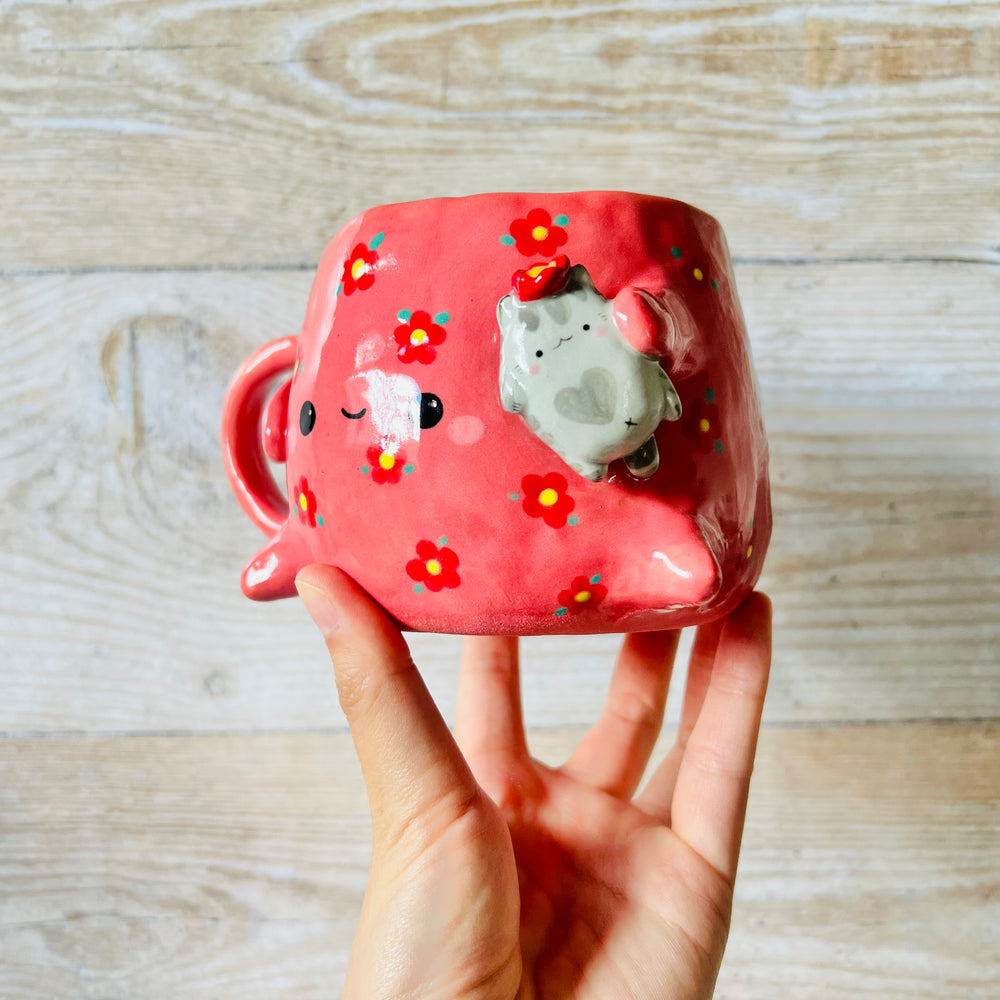 BIG Flowery pink mug/pot with Grey Cat friend, photo 5 of 7