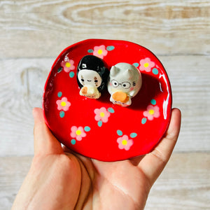 RED Flowery Totoro and No face with cat friends trinket dish