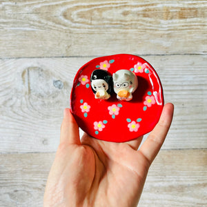 RED Flowery Totoro and No face with cat friends trinket dish