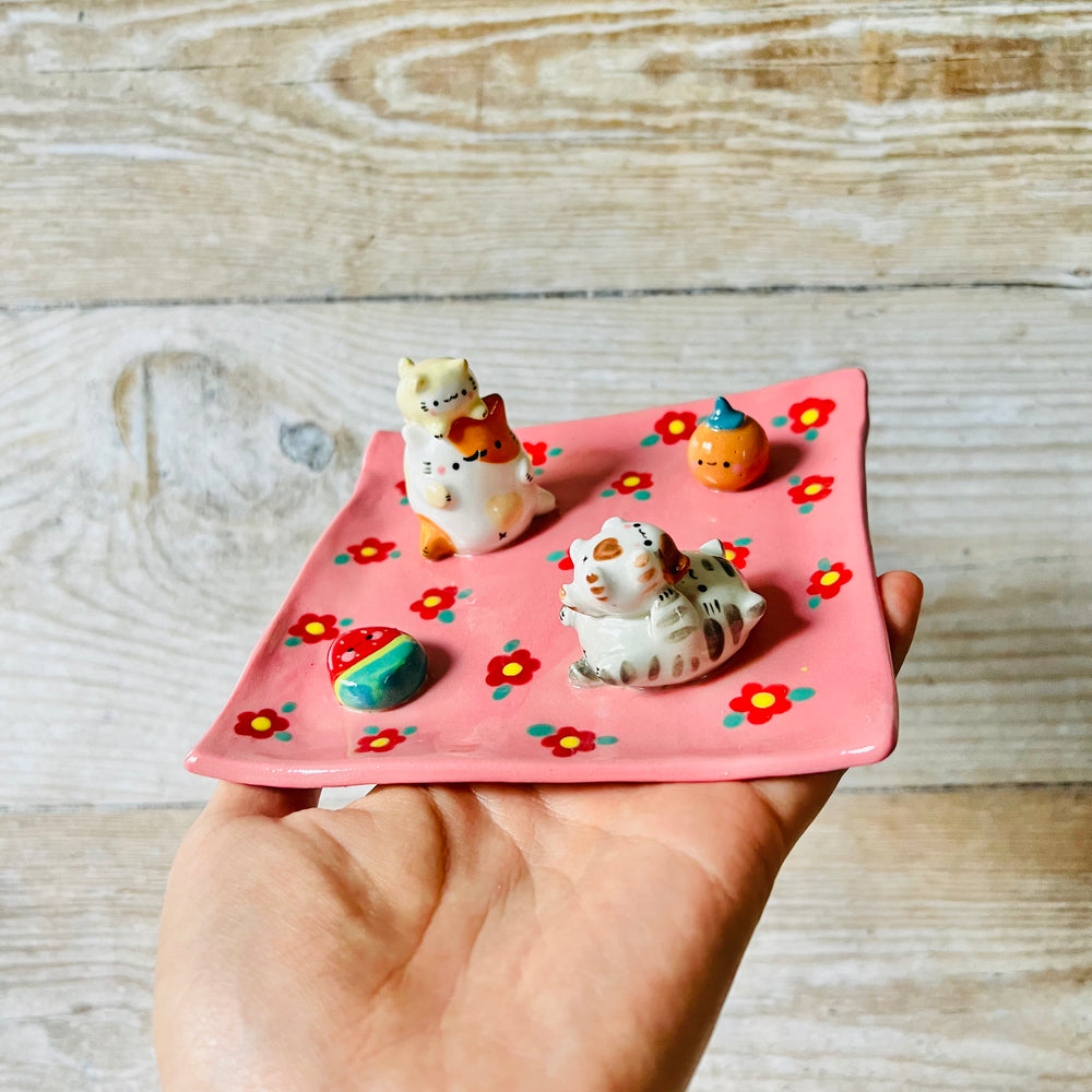 Pink square flowery cats and fruit trinket dish, photo 1 of 10