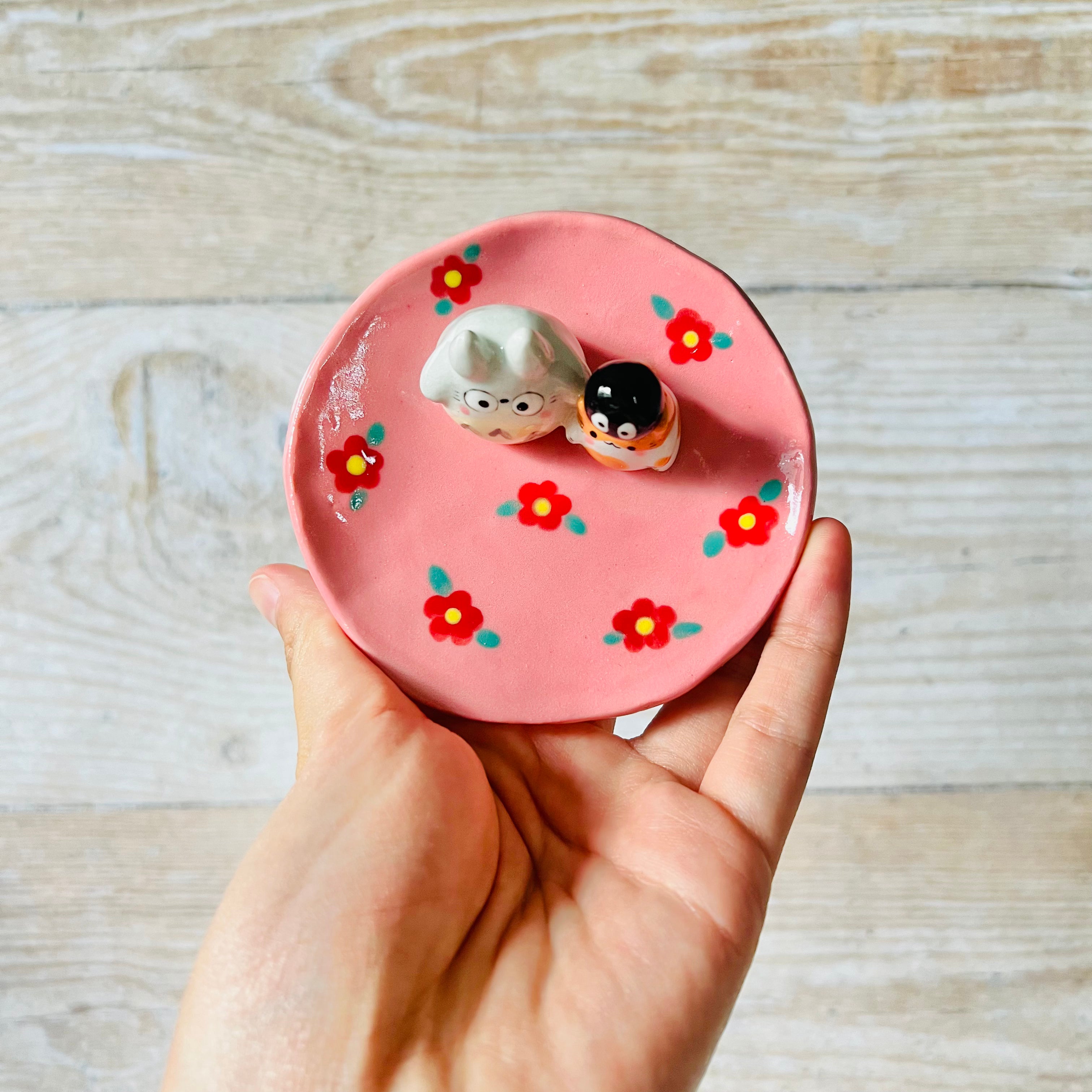 Pink flowery Totoro and cat trinket dish