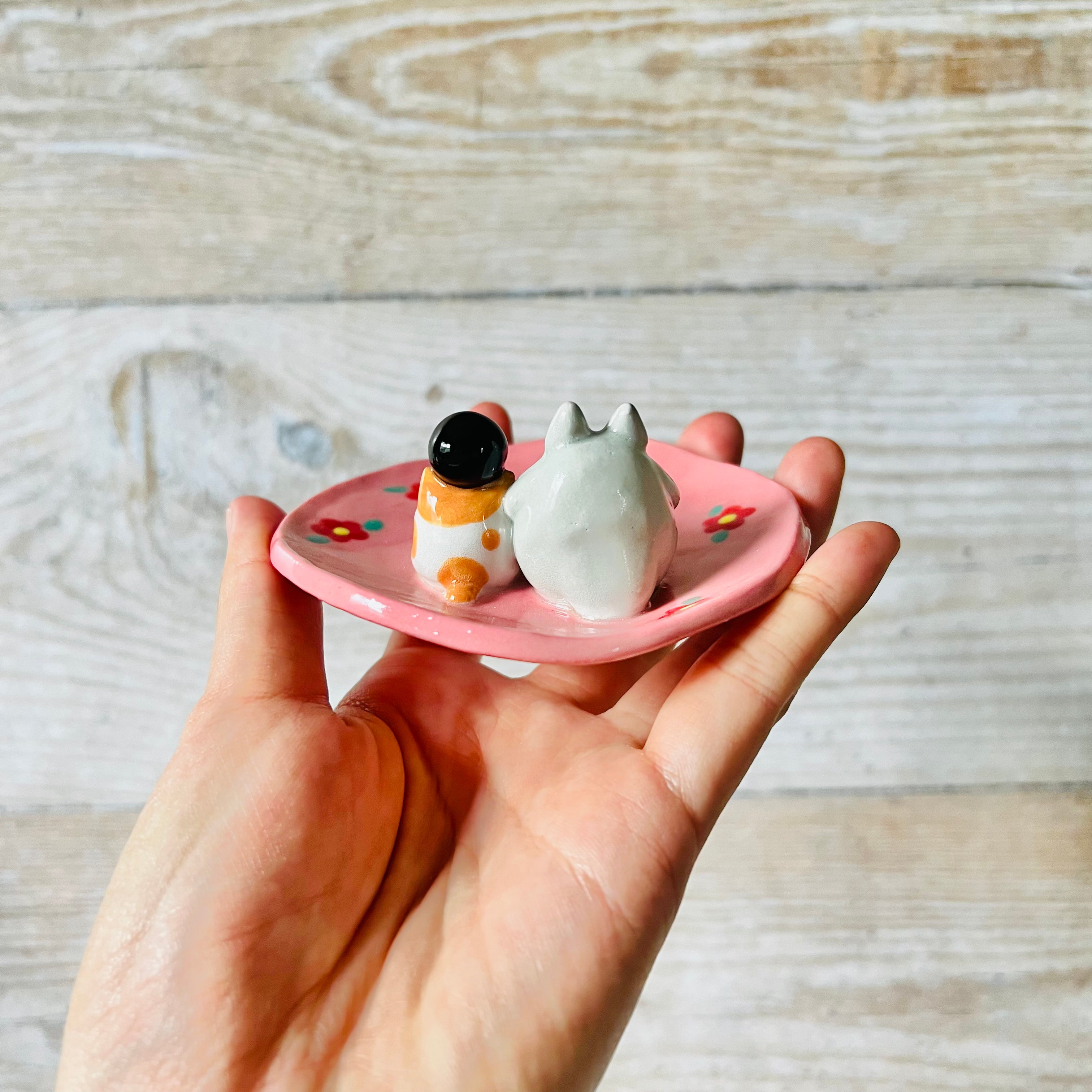 Pink flowery Totoro and cat trinket dish