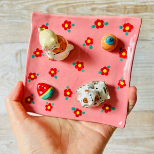 Pink square flowery cats and fruit trinket dish