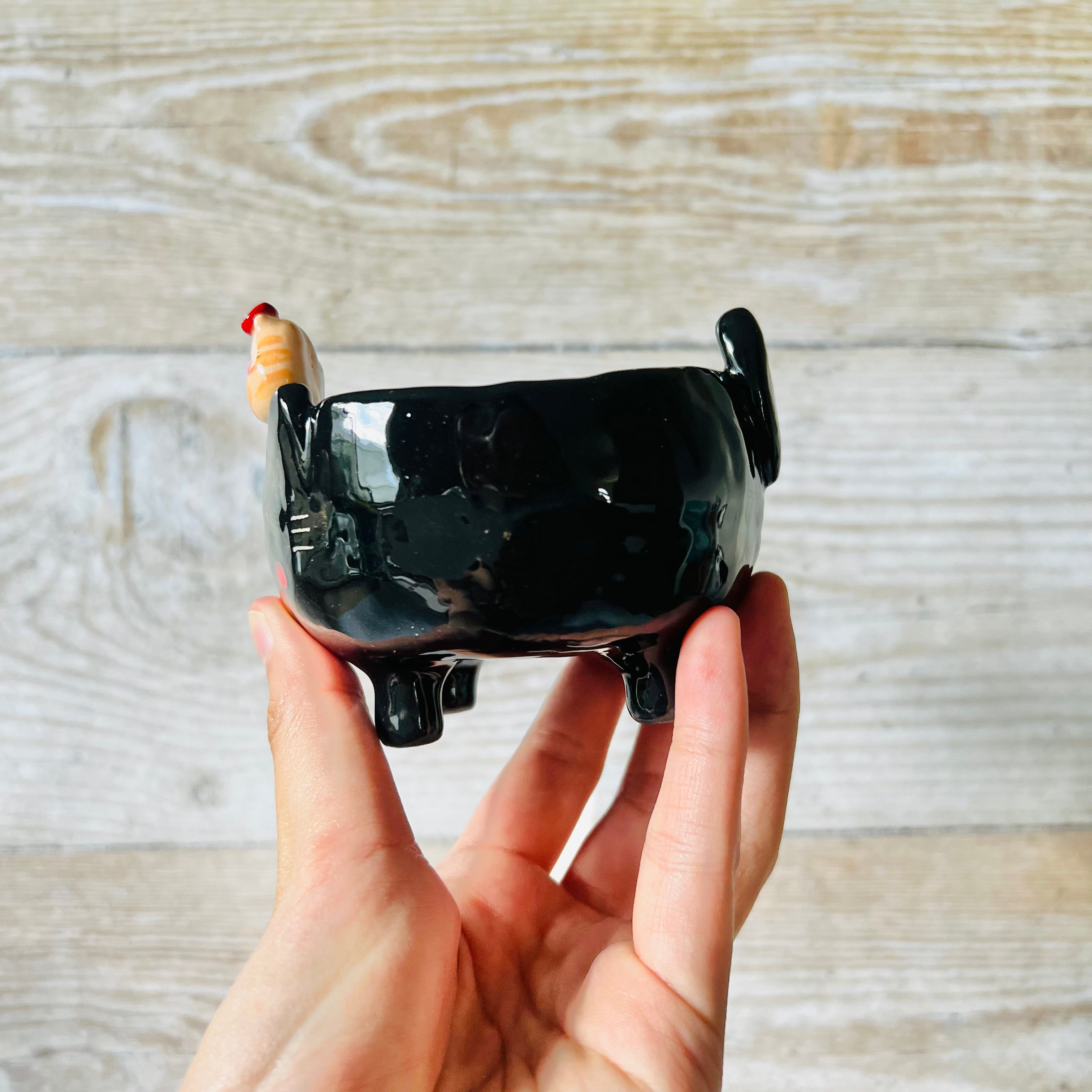 Leggy flowery BLACK CAT BOWL with baby cats