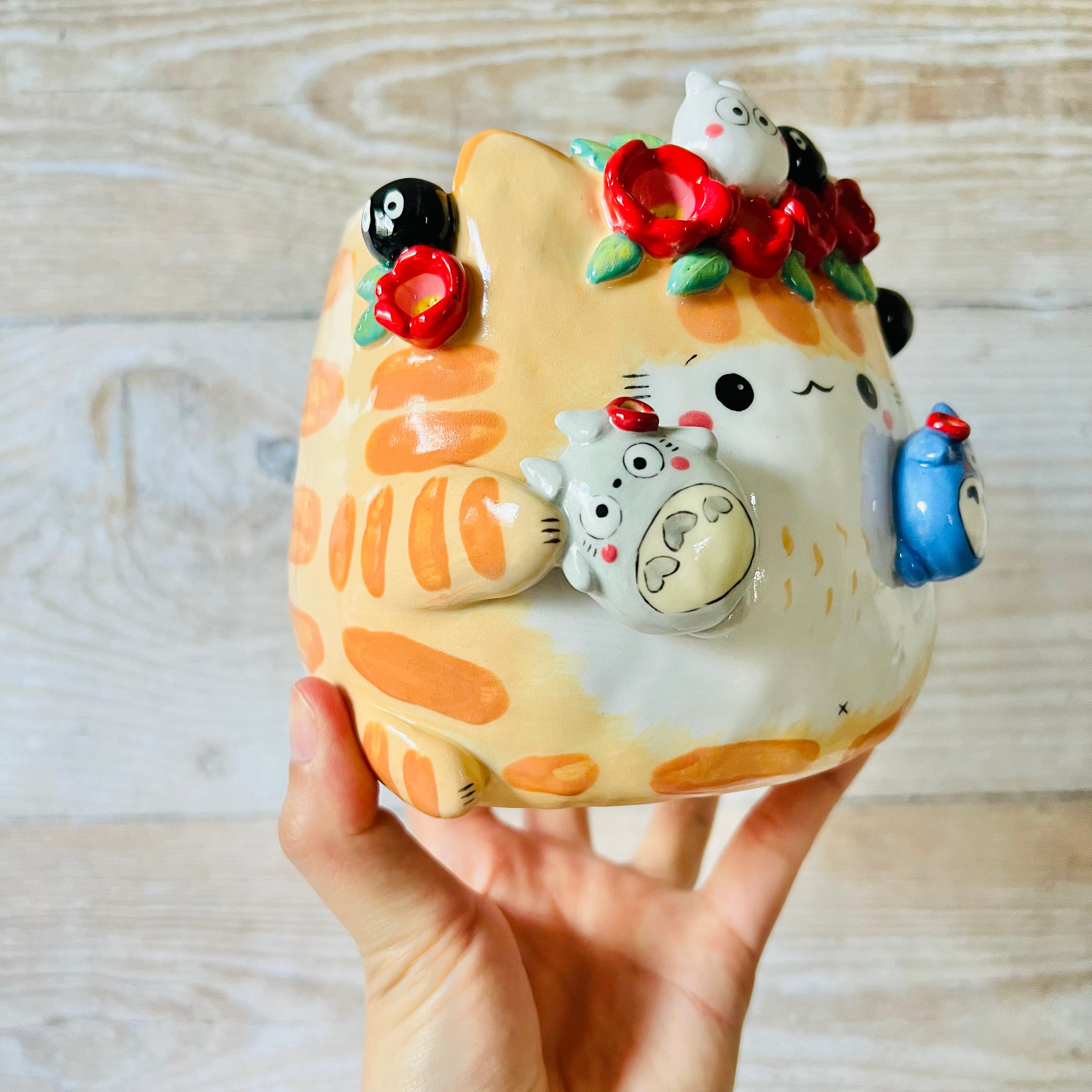 Flower crown Ginger cat pot with Totoro Friends