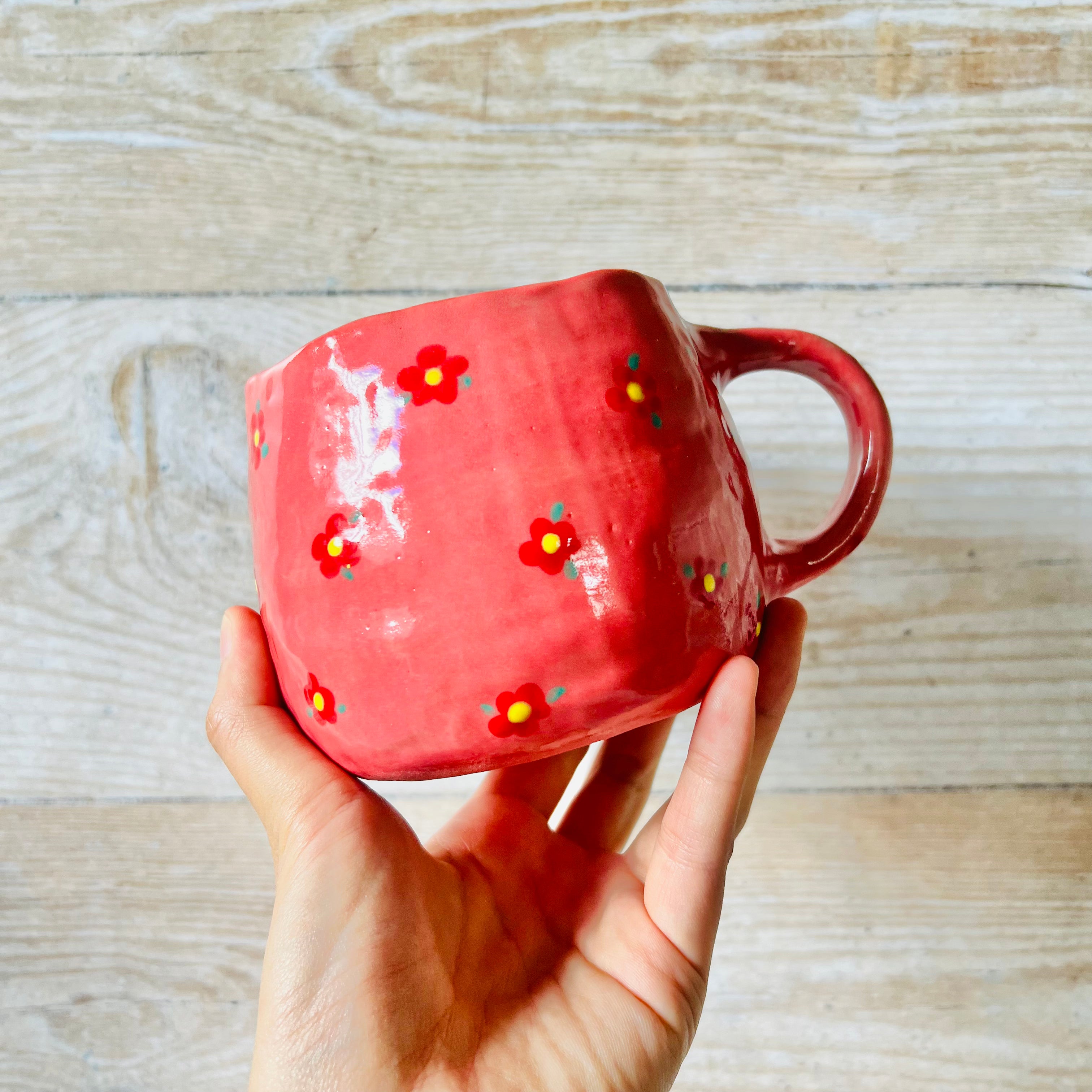 BIG Flowery pink mug/pot with Grey Cat friend