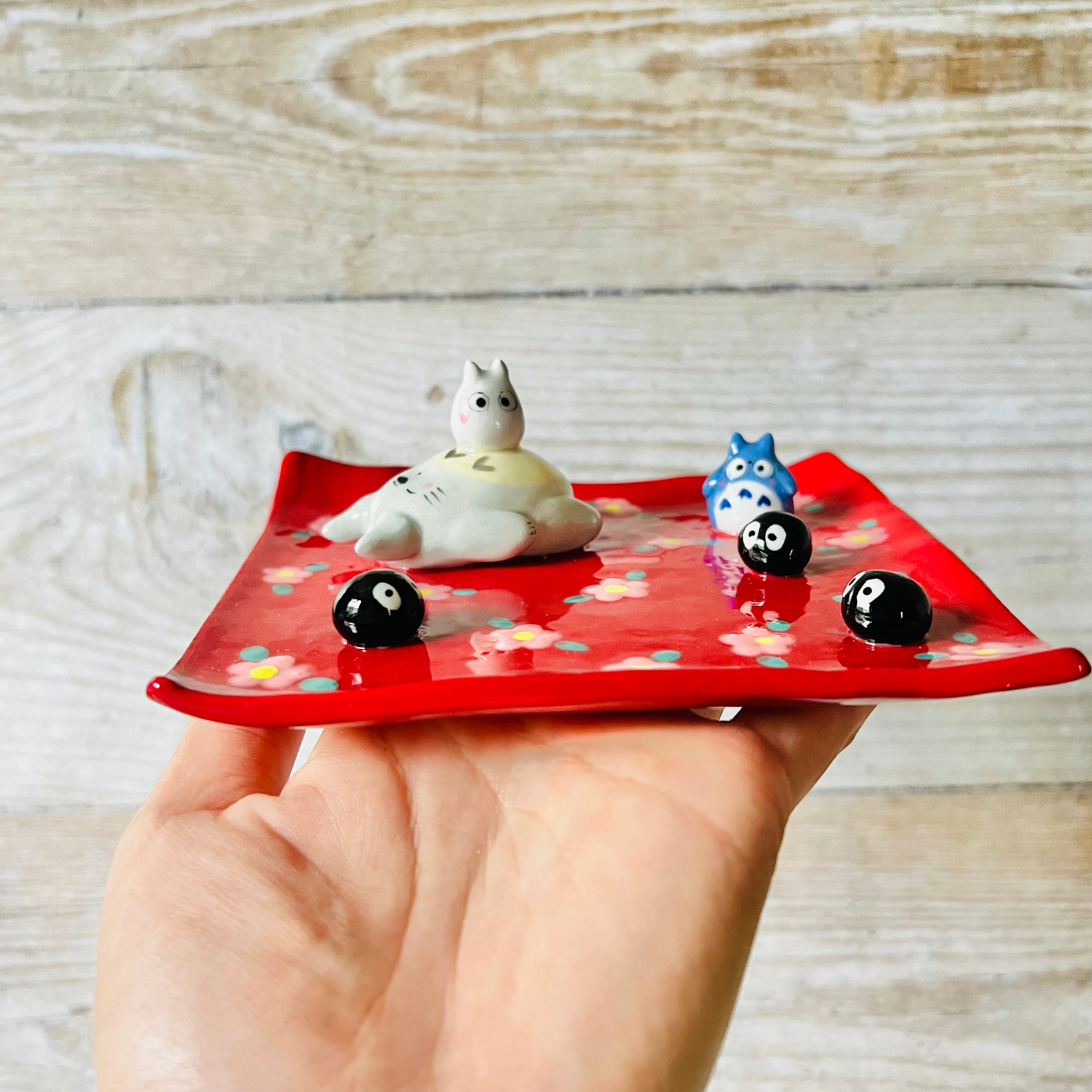 Red Flowery square sleepy Totoro trinket dish