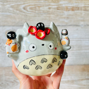 TOTORO POT with cat and soot sprite friends