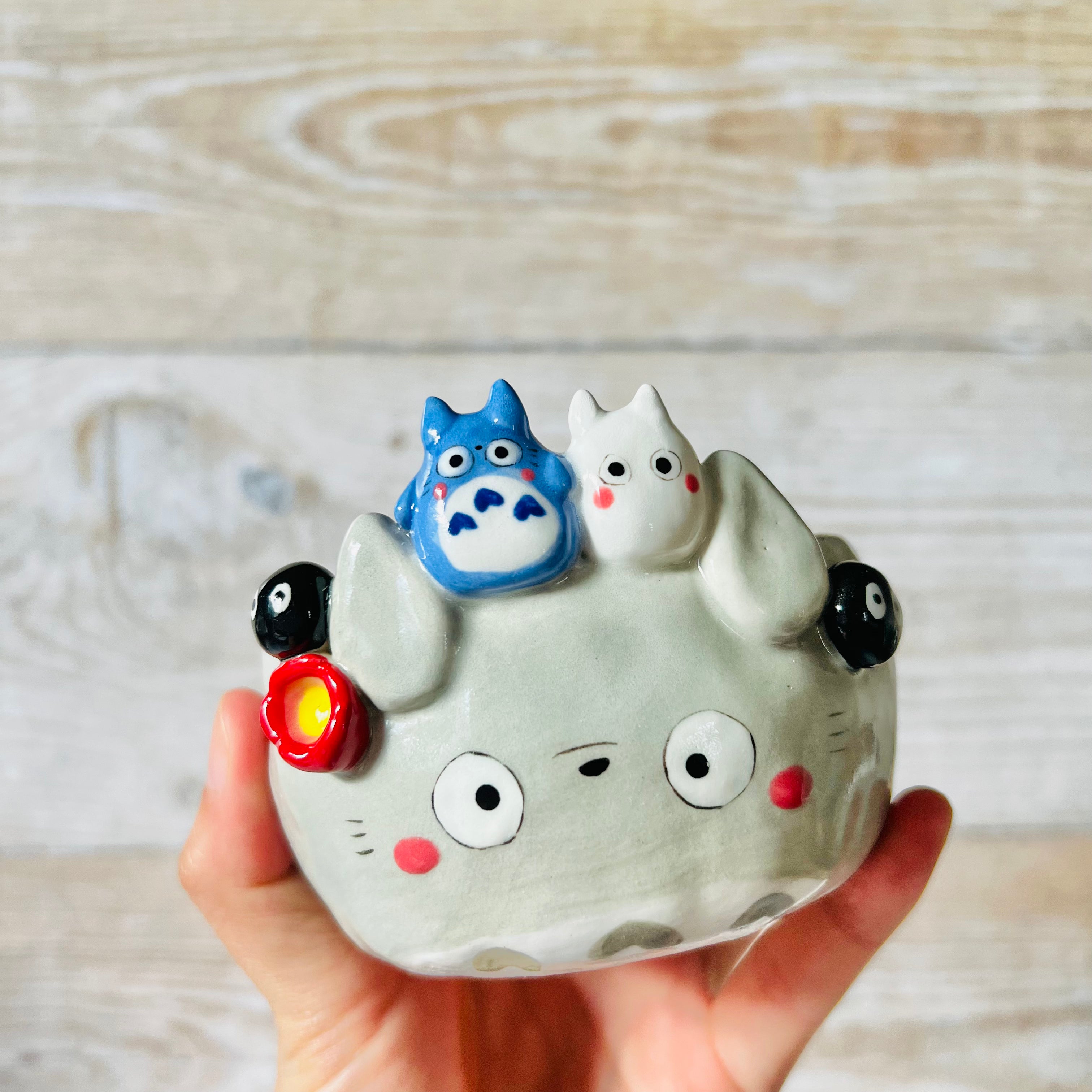 Flowery TOTORO bowl with Chibi Totoro and soot srite friends