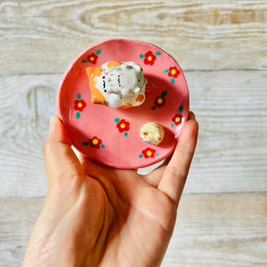 PINK flowery cat trinket dish