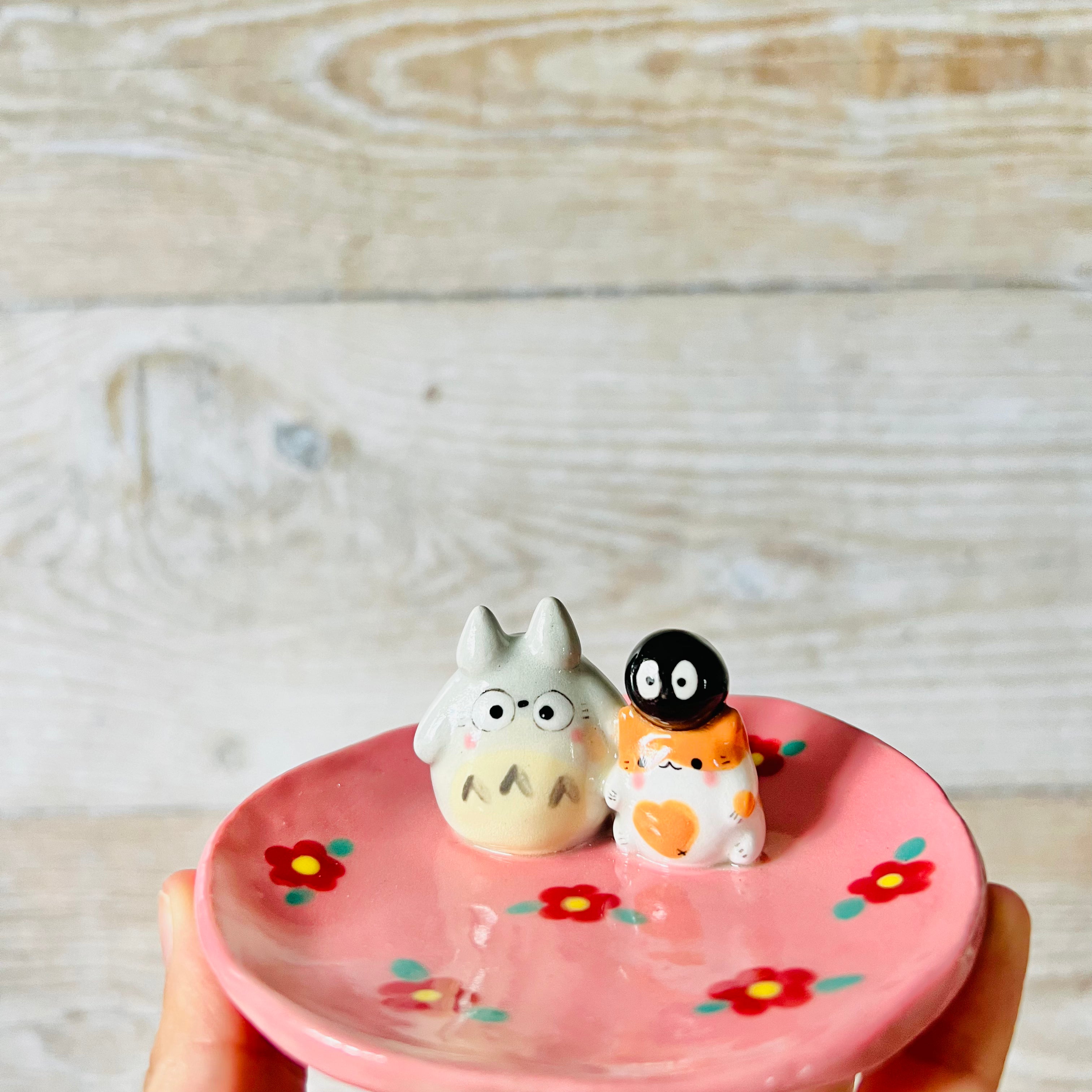 Pink flowery Totoro and cat trinket dish