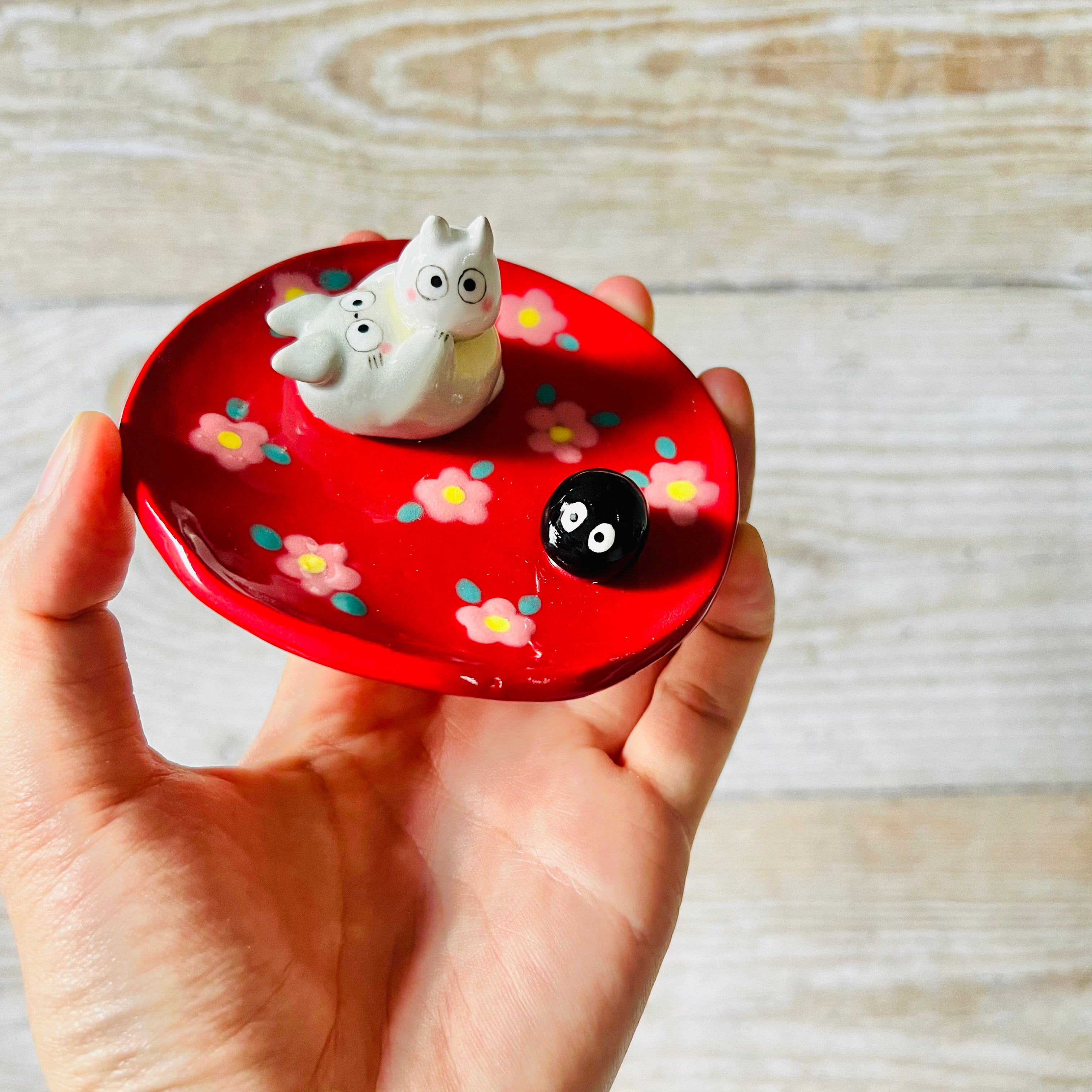 Red flowery Totoro trinket dish