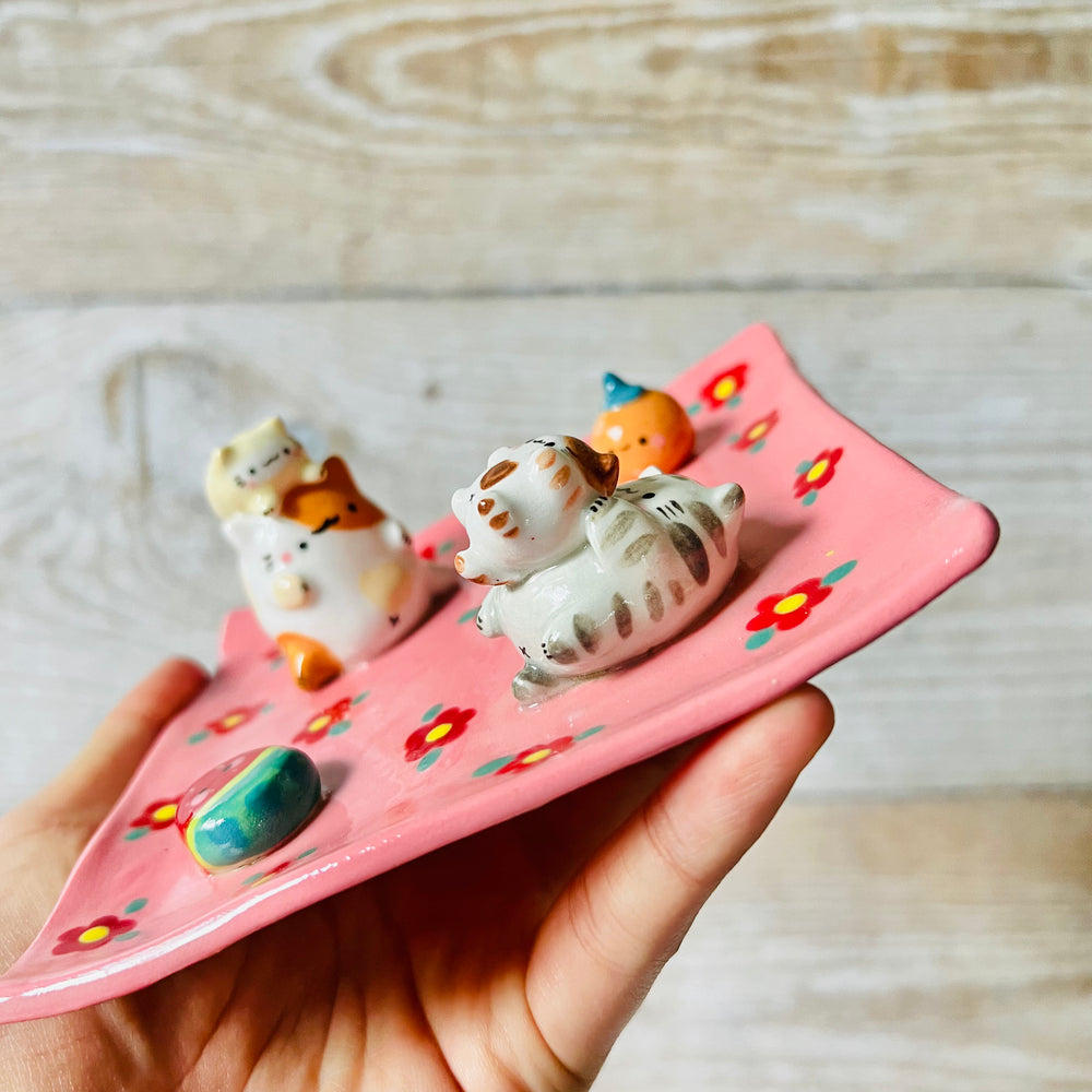 Pink square flowery cats and fruit trinket dish, photo 9 of 10