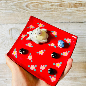 Red Flowery square sleepy Totoro trinket dish