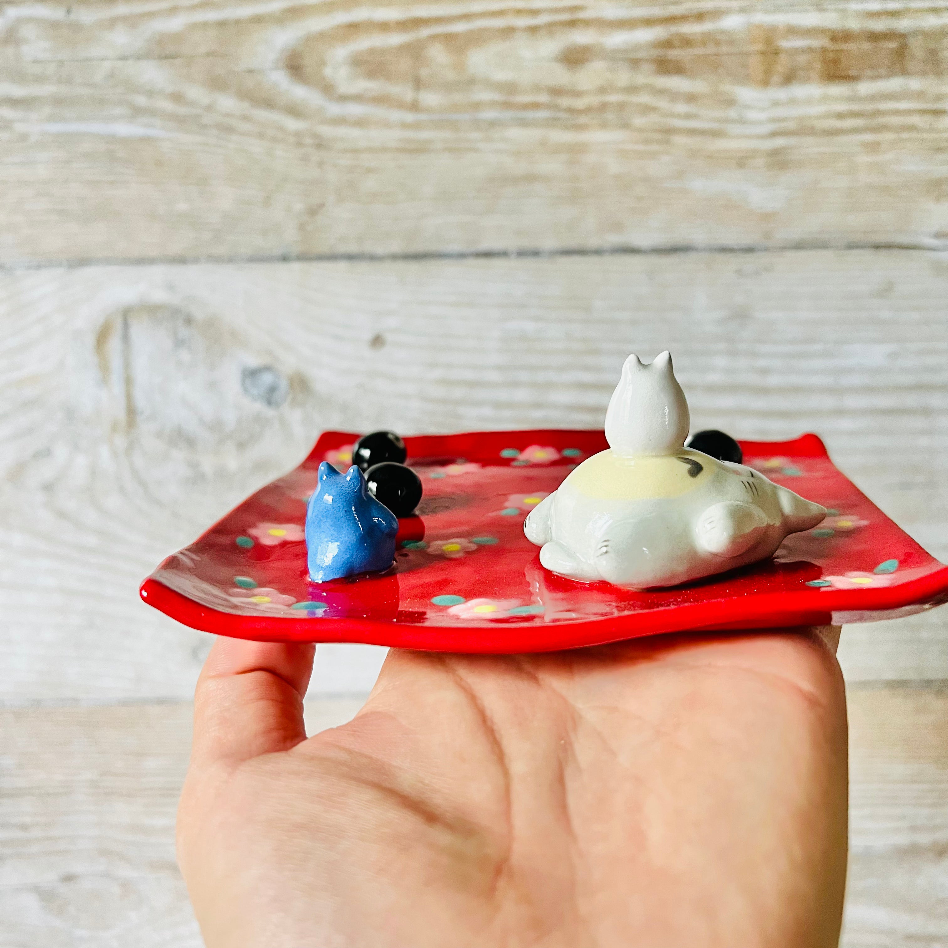 Red Flowery square sleepy Totoro trinket dish