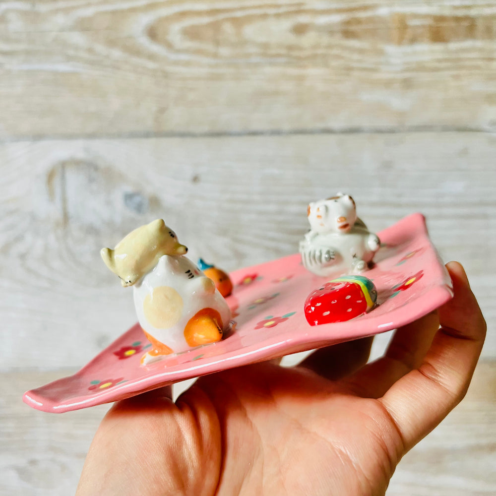Pink square flowery cats and fruit trinket dish, photo 8 of 10