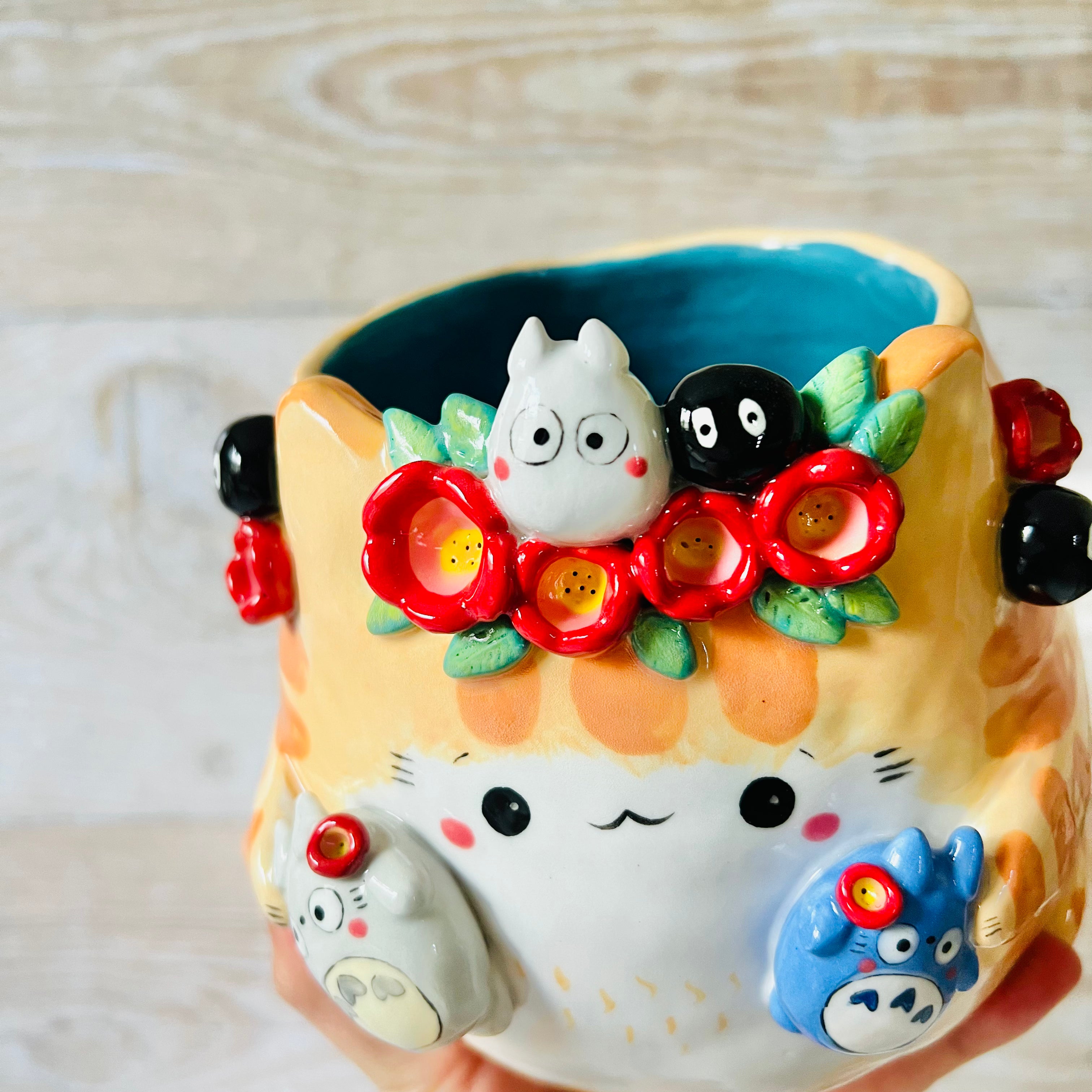 Flower crown Ginger cat pot with Totoro Friends