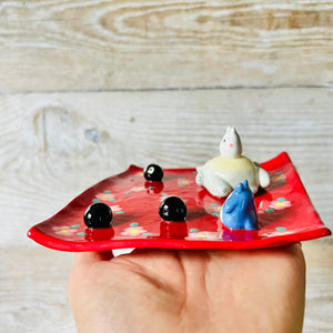 Red Flowery square sleepy Totoro trinket dish